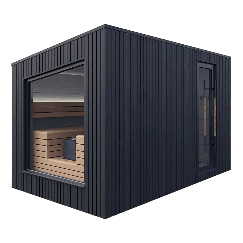 Interior wood benches inside Terra outdoor sauna