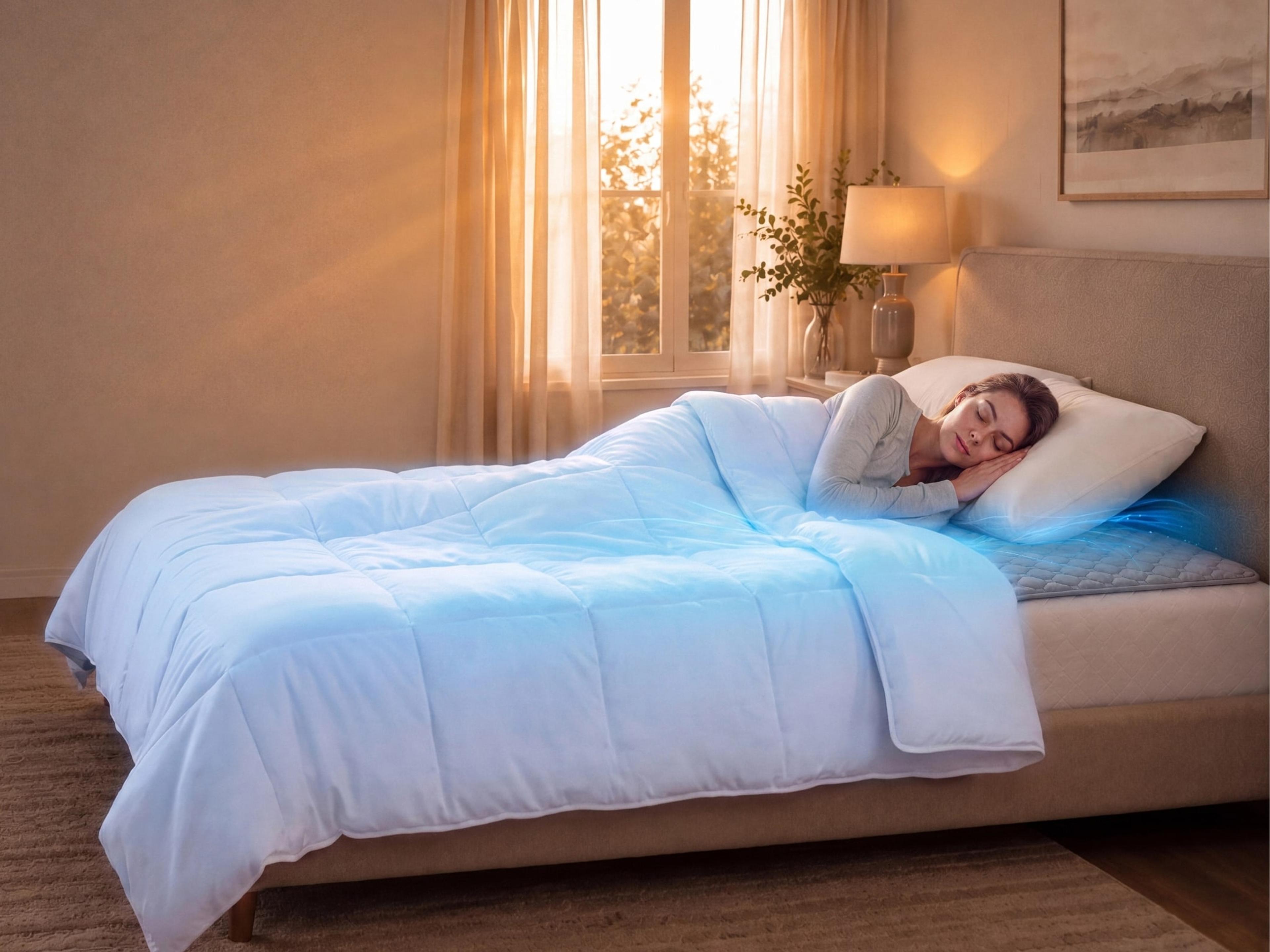 Woman sleeping in bed with a blue glow indicating a cooling feature.
