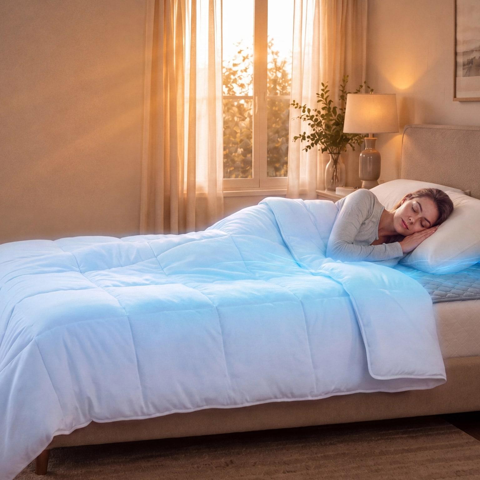 Woman sleeping in bed with a blue glow indicating a cooling feature.