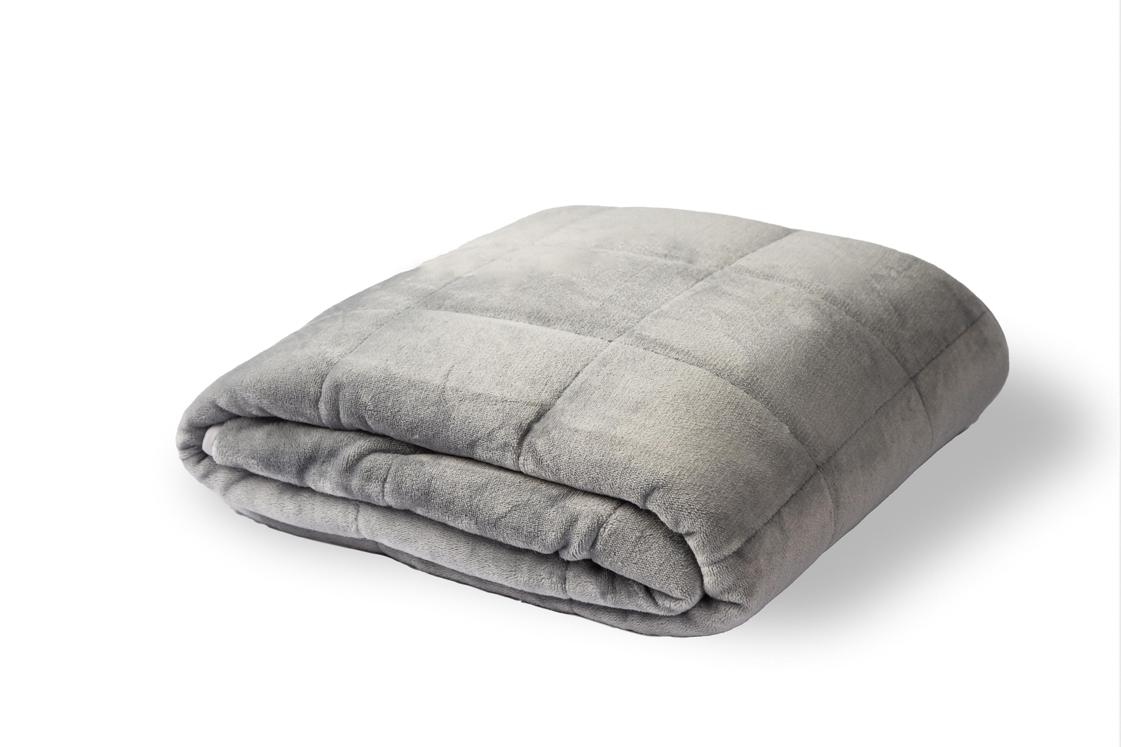 A grey, quilted weighted blanket is folded on a white background.