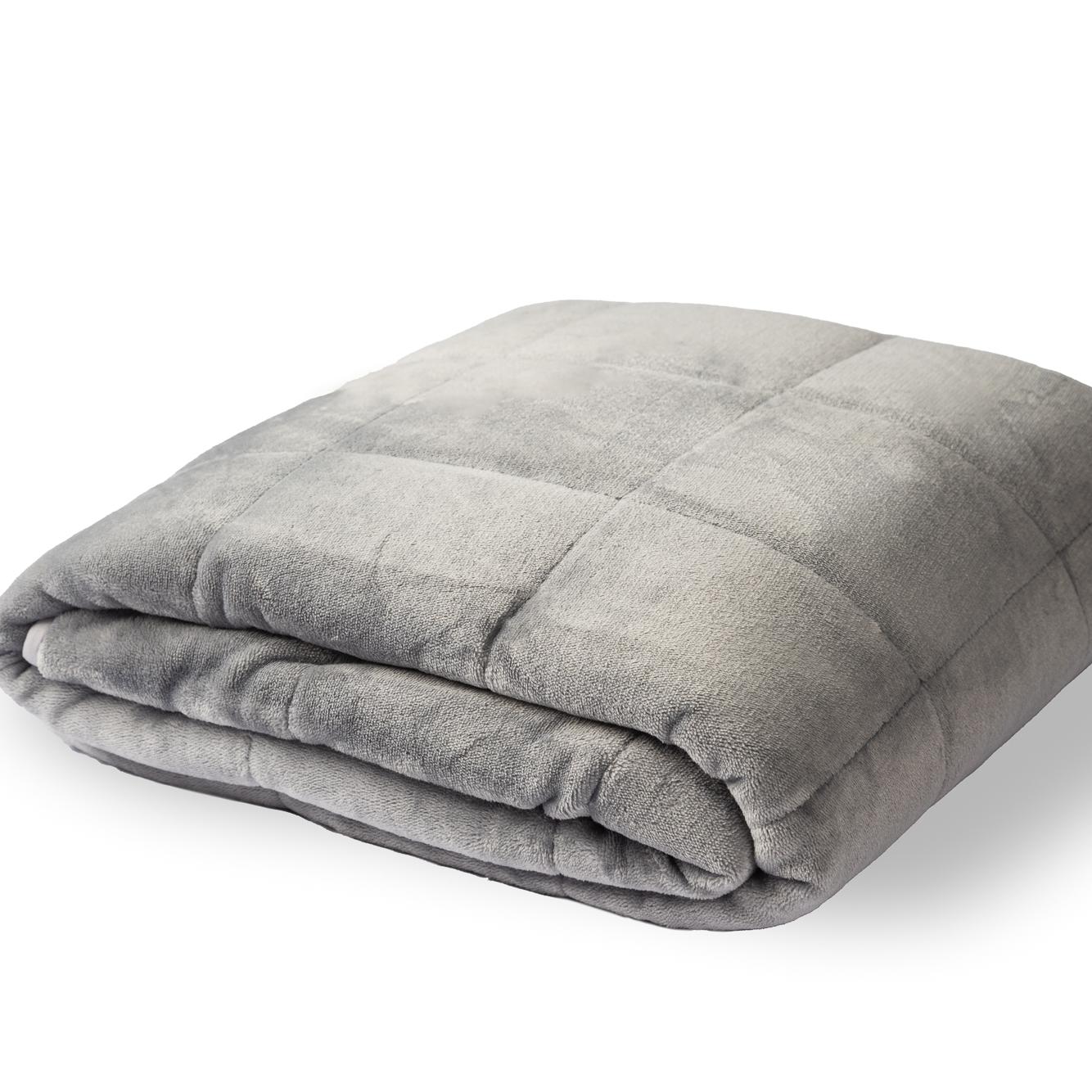 A grey, quilted weighted blanket is folded on a white background.