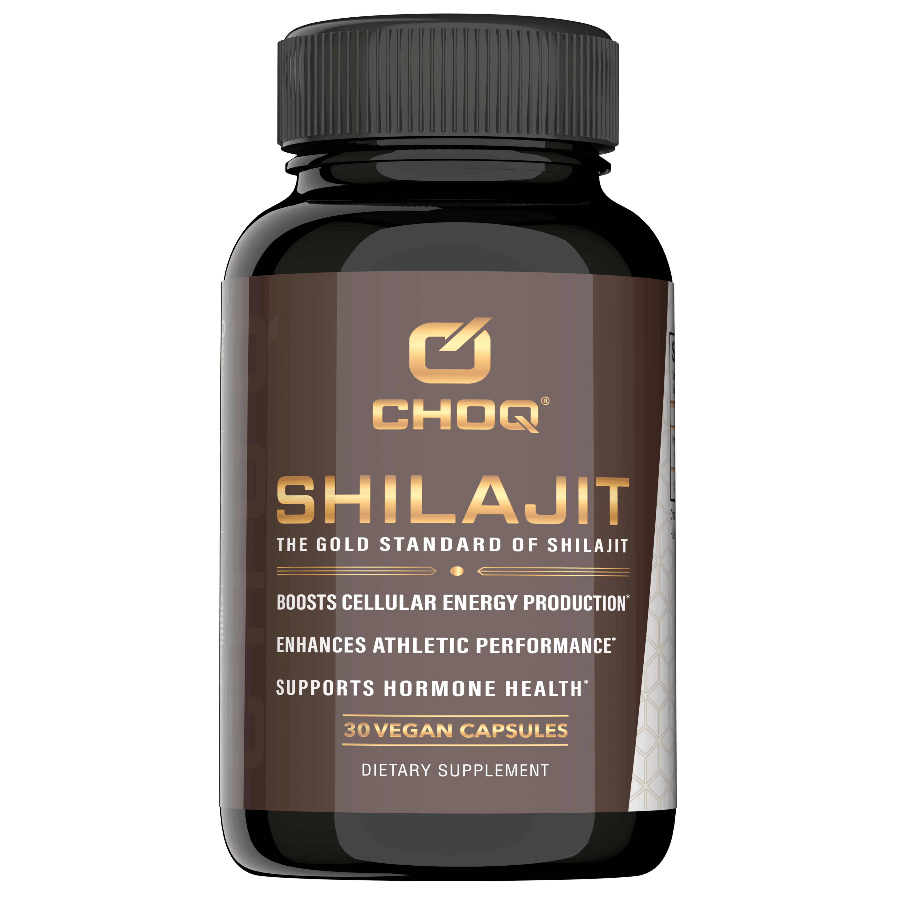 CHOQ Shilajit dietary supplement bottle containing 30 vegan capsules.