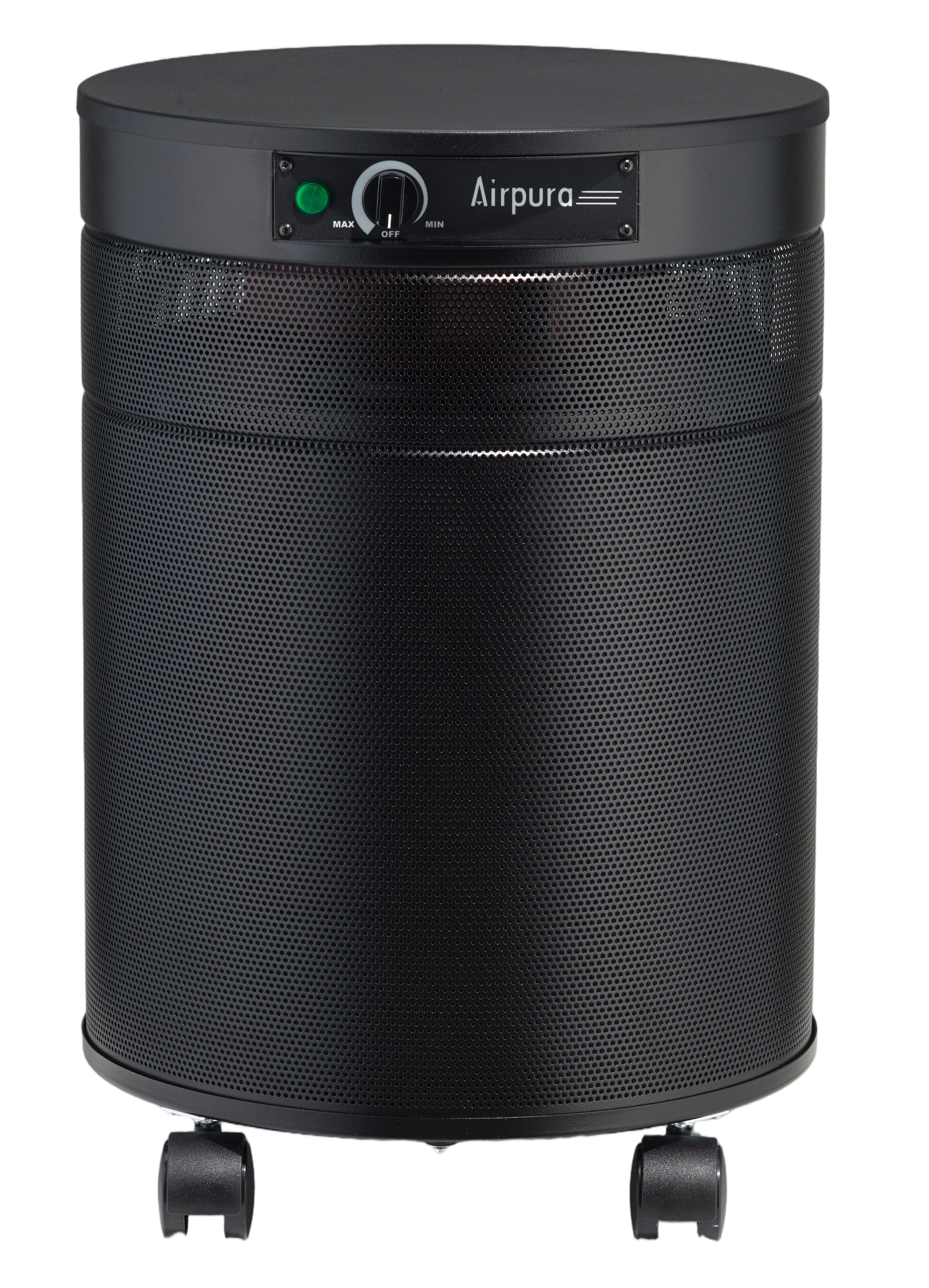 Black Airpura air purifier shown from the front