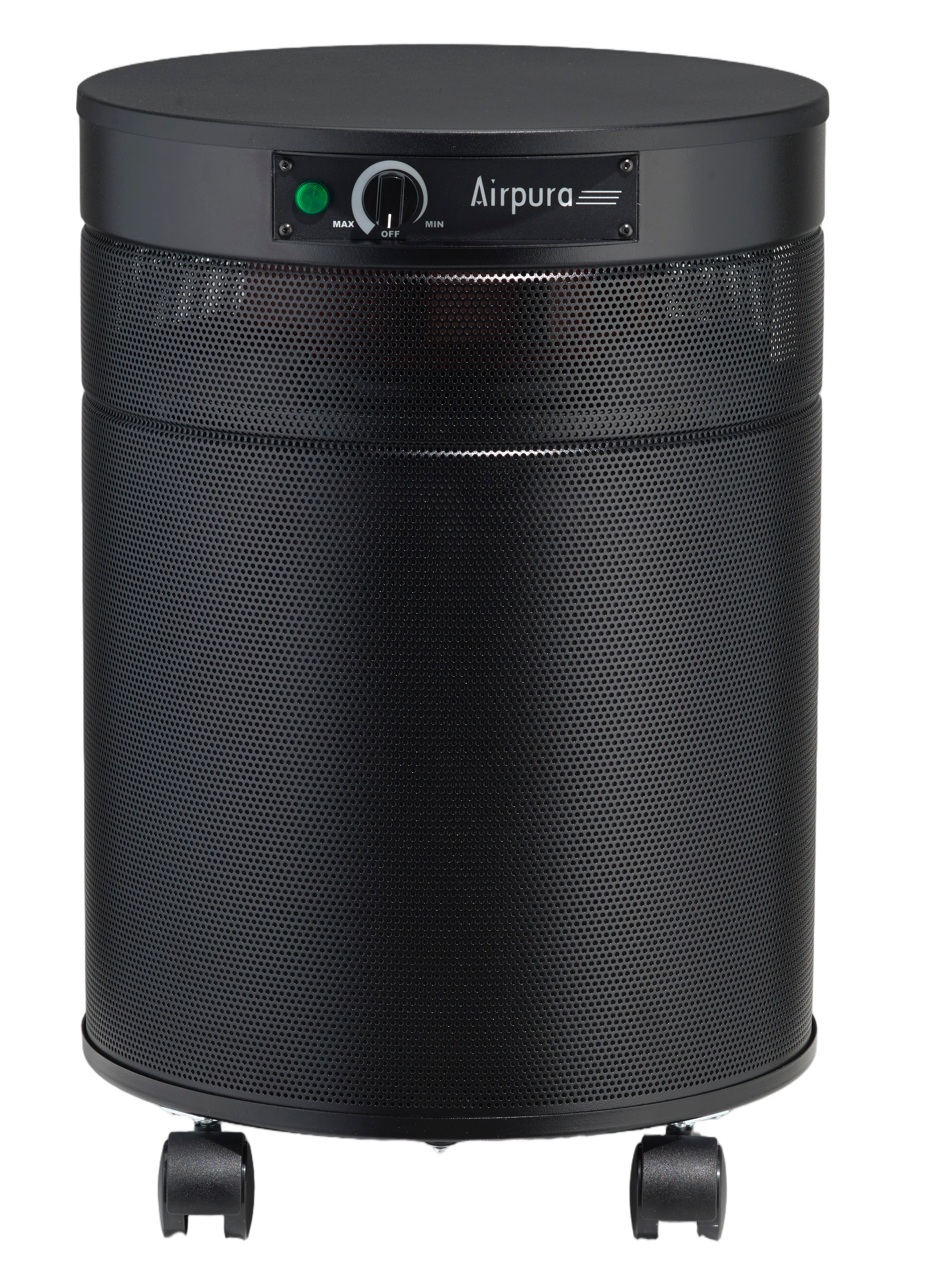 Black Airpura air purifier shown from the front
