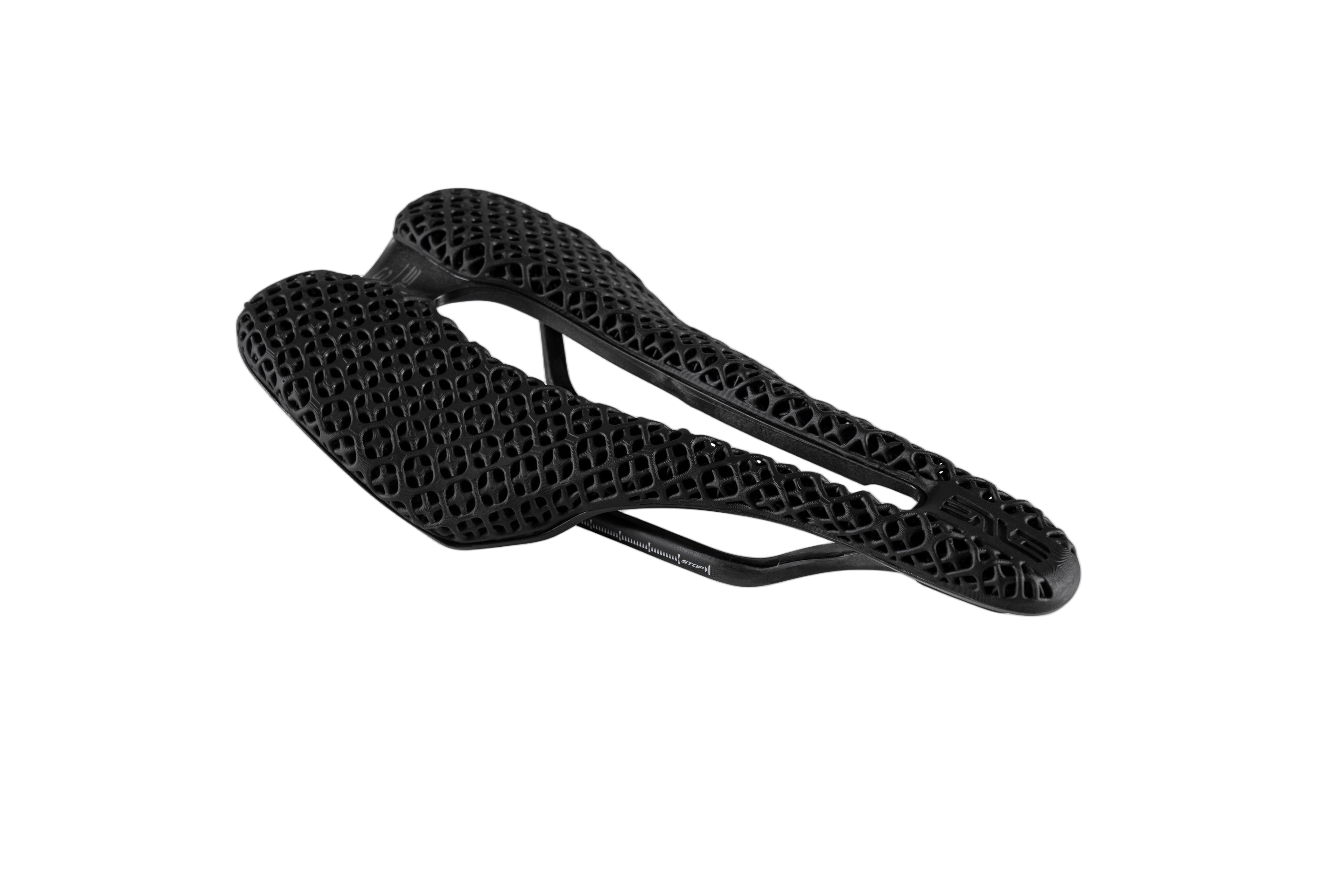Black road bike saddle with 3D printed cushioning pattern, top view