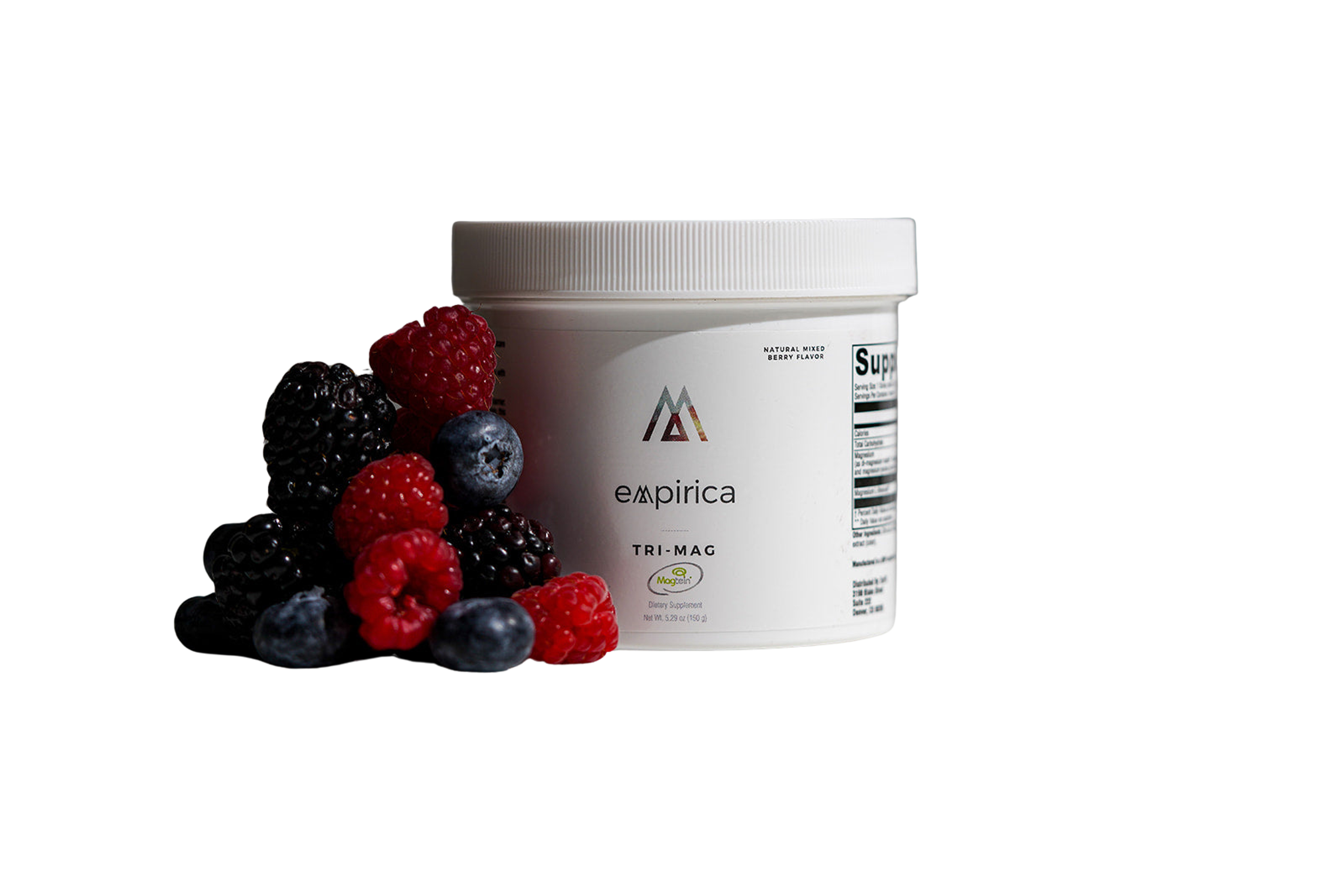 White empirica TRI-MAG supplement tub next to a pile of fresh mixed berries.