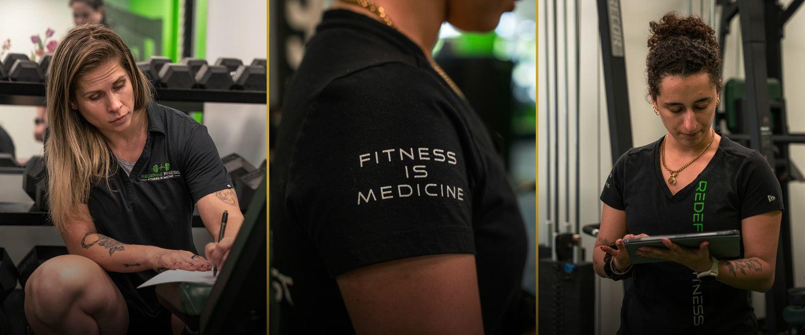 Two female fitness professionals in a gym, one writing on a clipboard and another using a tablet, alongside a close-up of a black shirt sleeve with "FITNESS IS MEDICINE" printed on it.