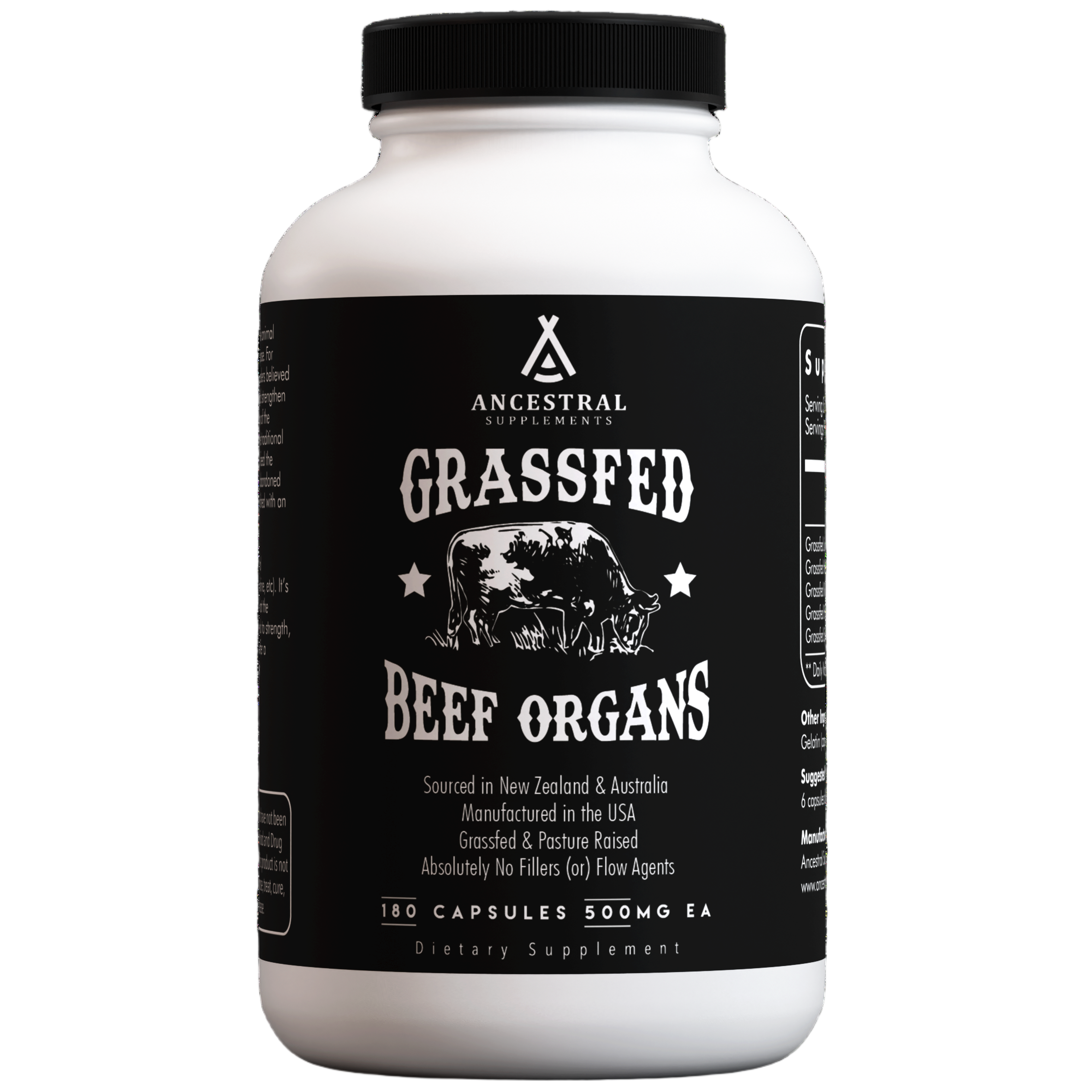 Bottle of Grass Fed Beef Organs supplement capsules
