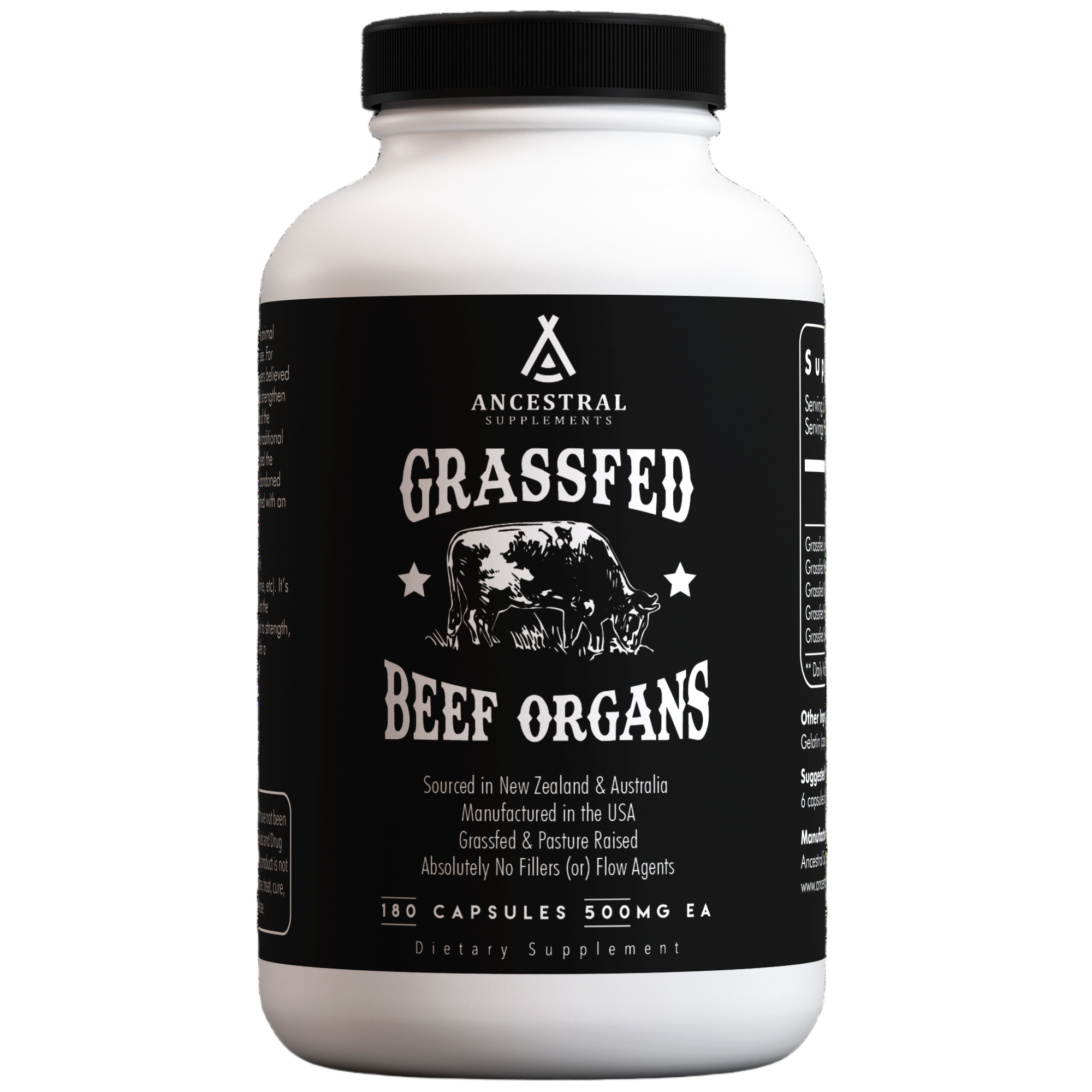 Bottle of Grass Fed Beef Organs supplement capsules