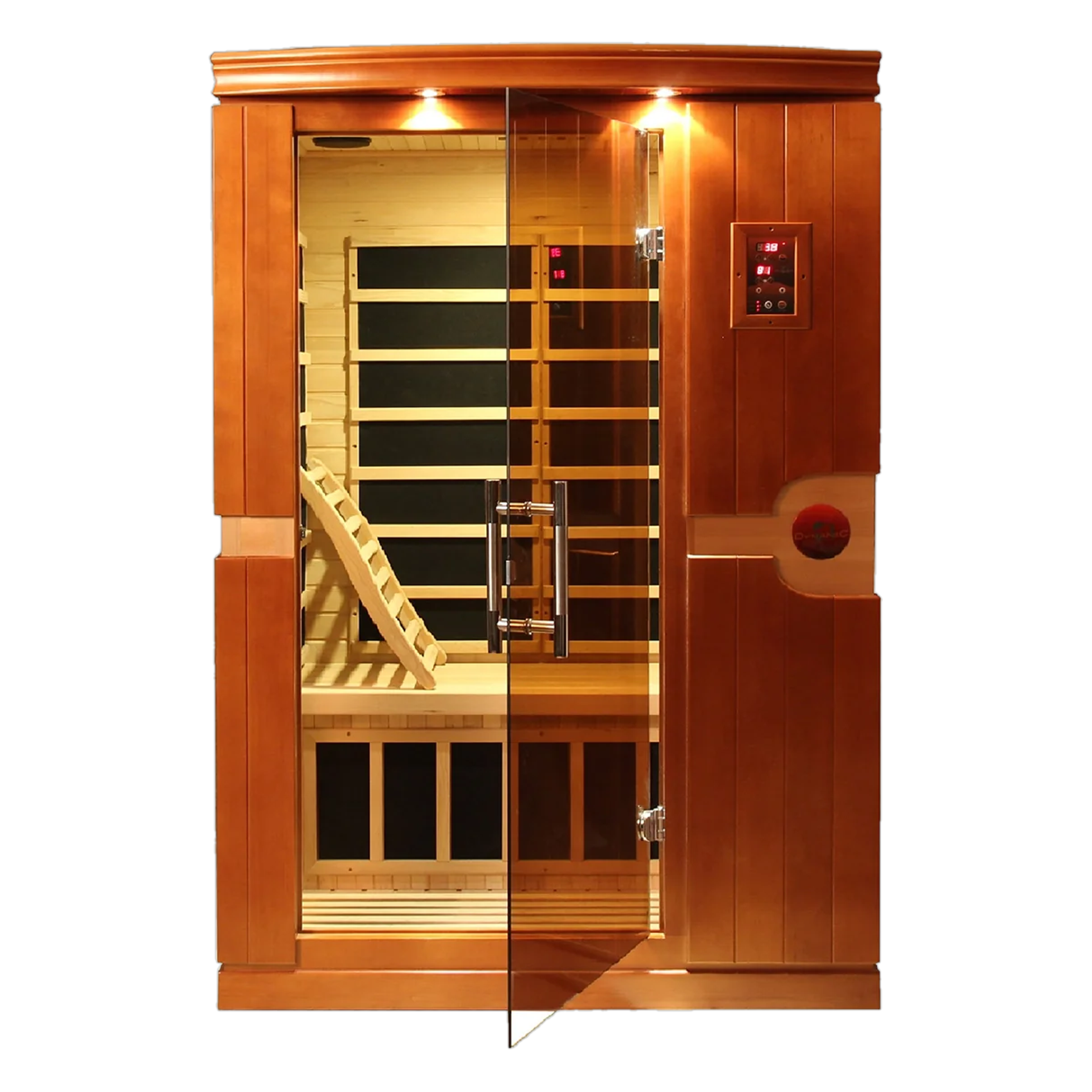 Wooden infrared sauna cabin with a glass door, interior bench, and exterior control panel.