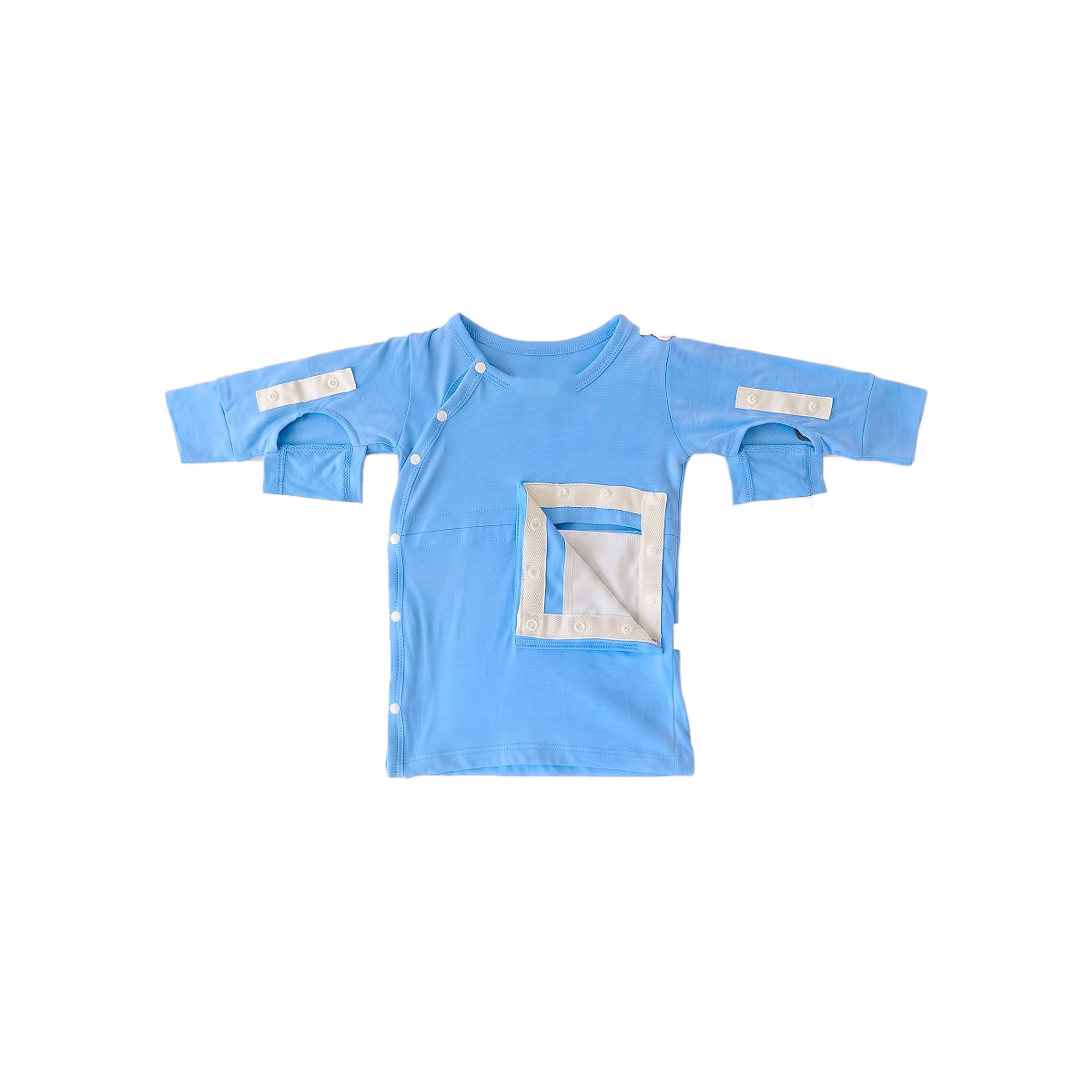 Light blue adaptive baby top with snap closures for medical access on chest and sleeves.