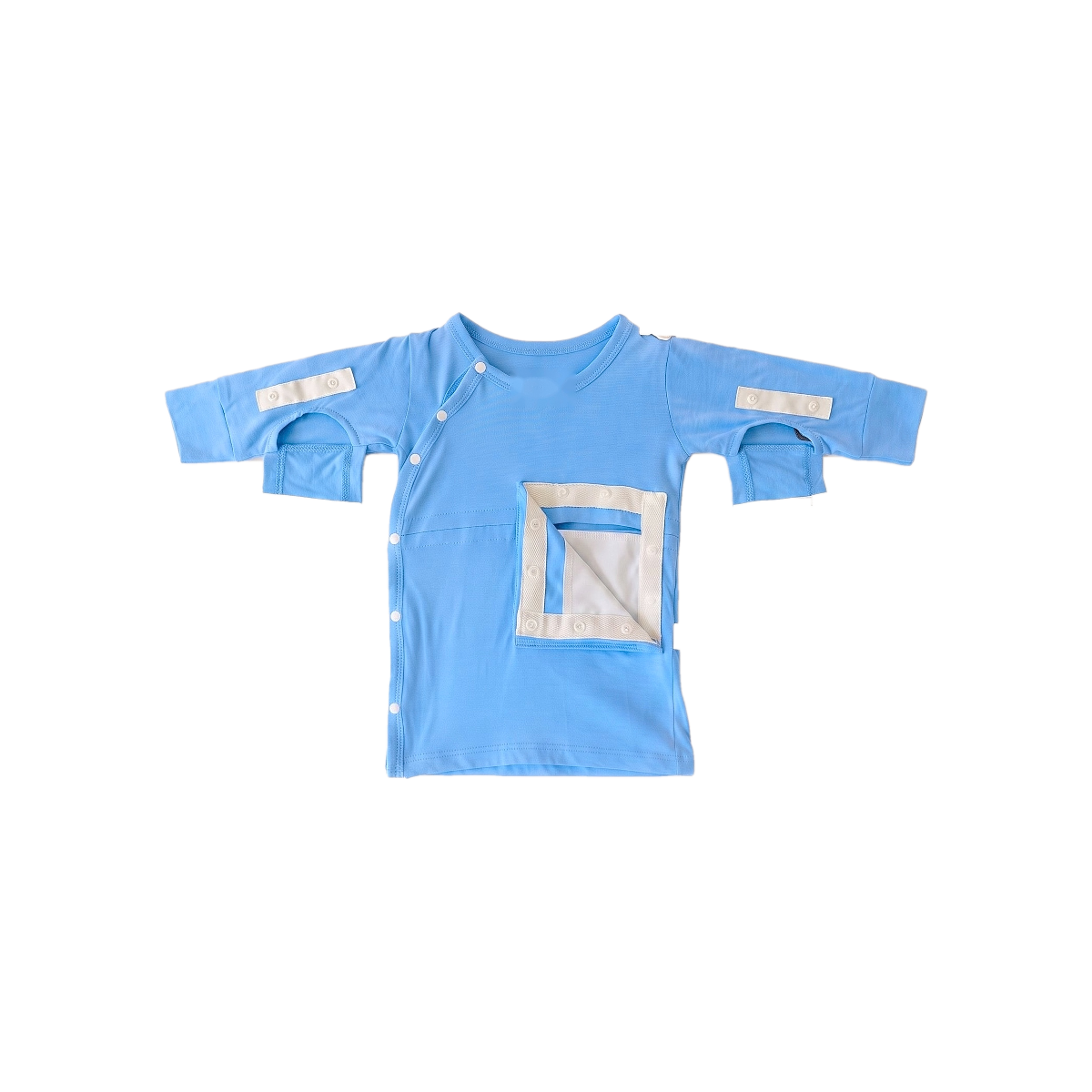 Light blue adaptive baby top with snap closures for medical access on chest and sleeves.