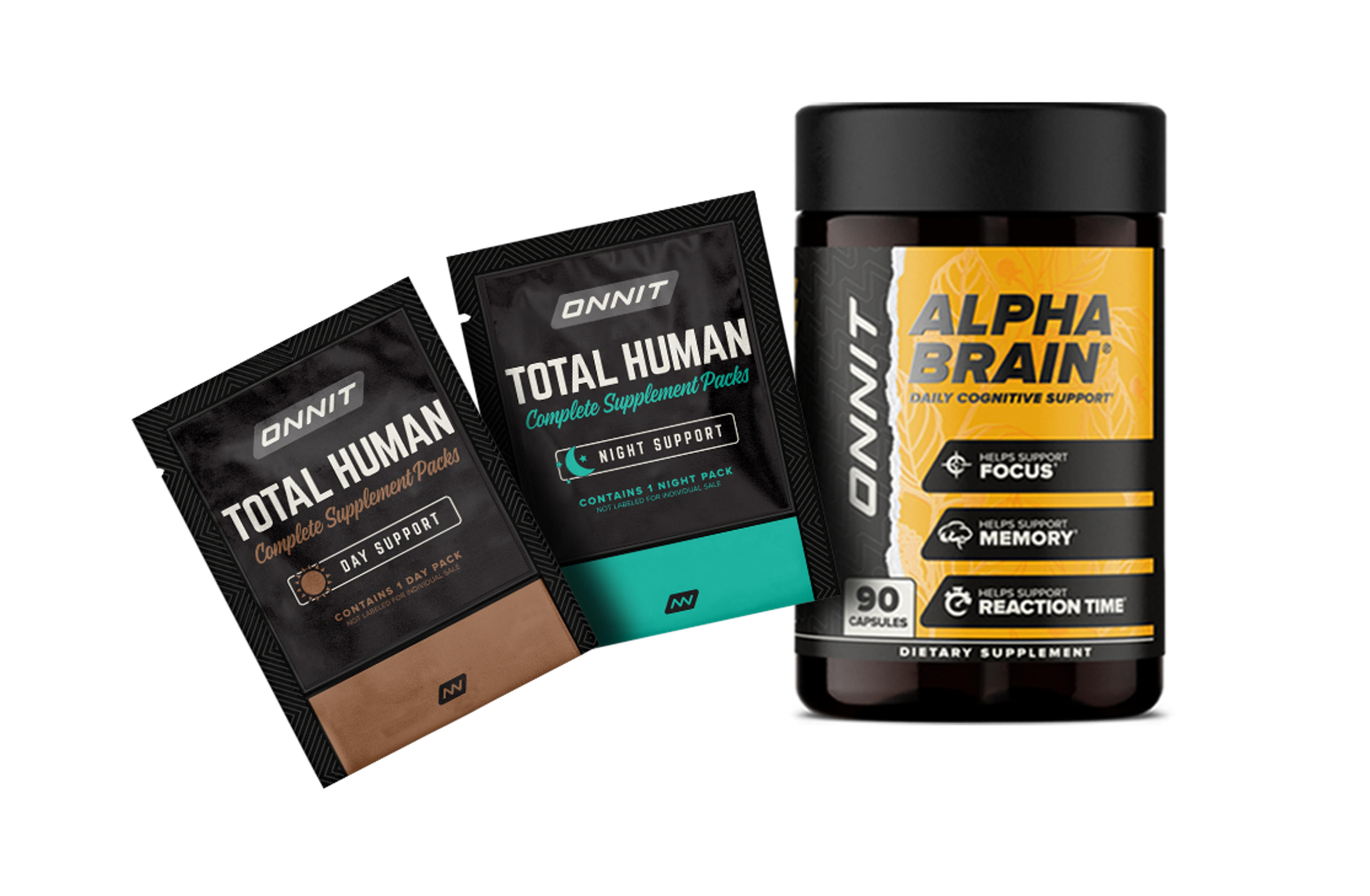 Onnit Alpha Brain bottle and Total Human daily supplement sachet