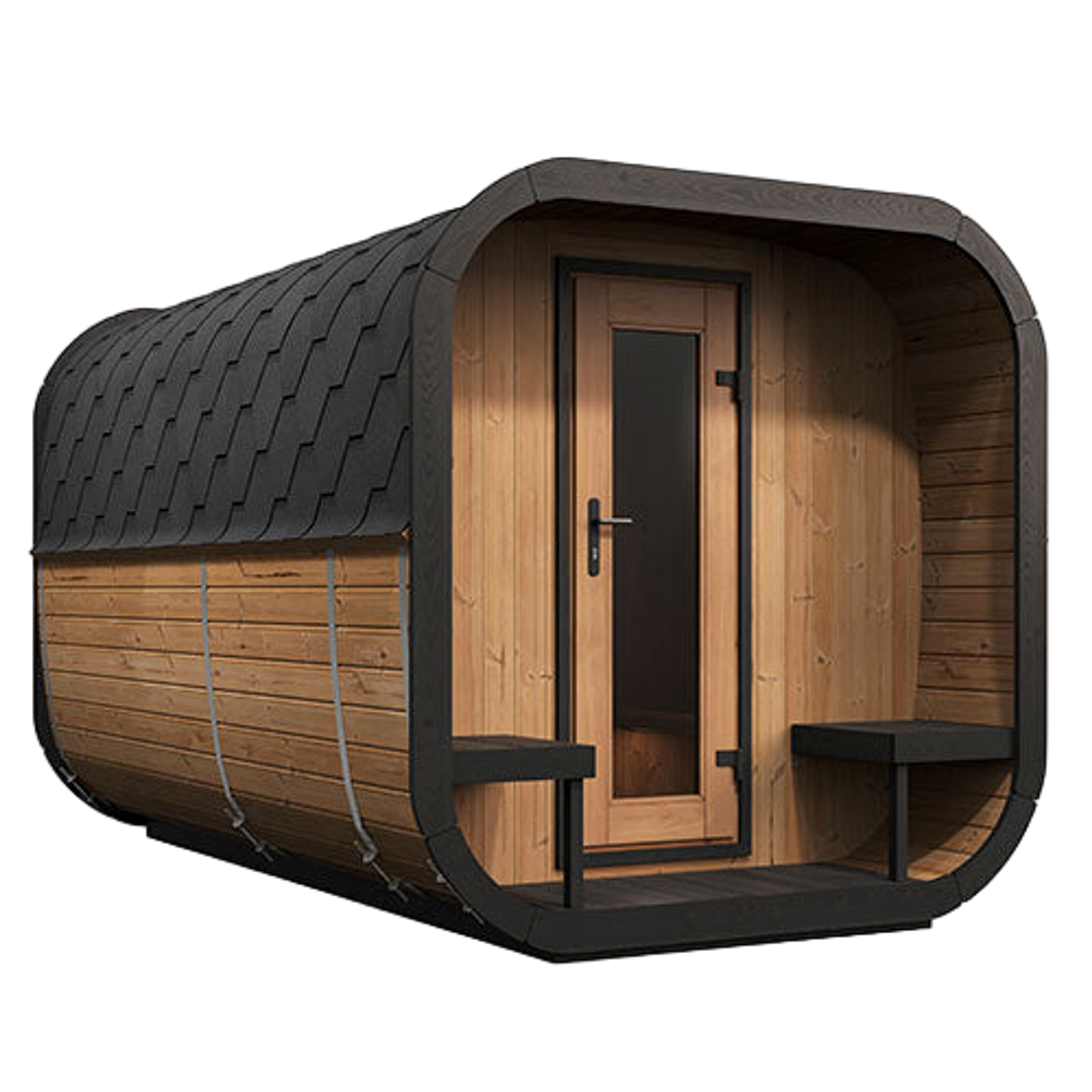 Exterior view of SaunaLife Cube outdoor sauna with porch