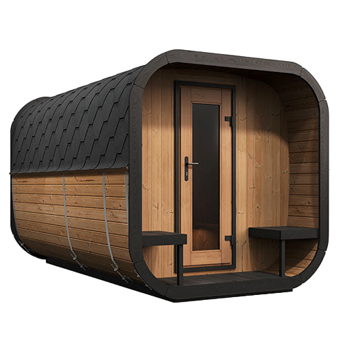 Exterior view of SaunaLife Cube outdoor sauna with porch