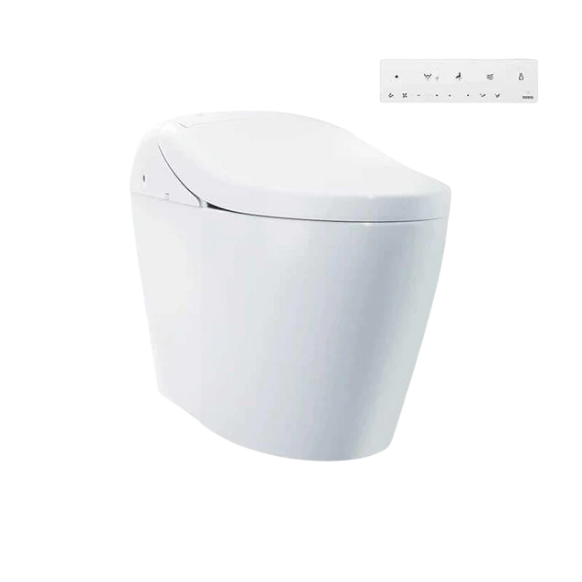 Modern white bidet toilet with a remote control.