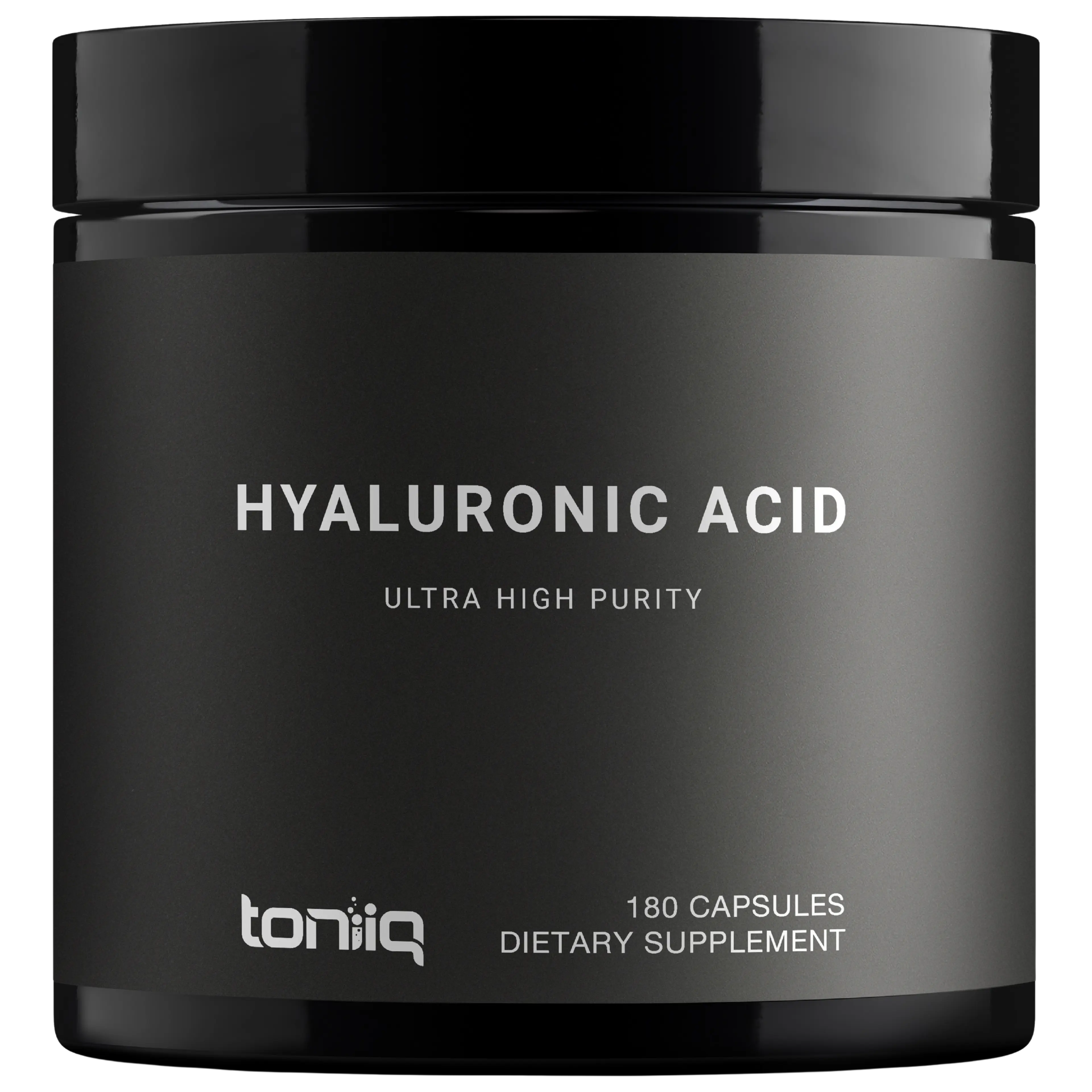 Black jar of Toniiq Hyaluronic Acid dietary supplement.