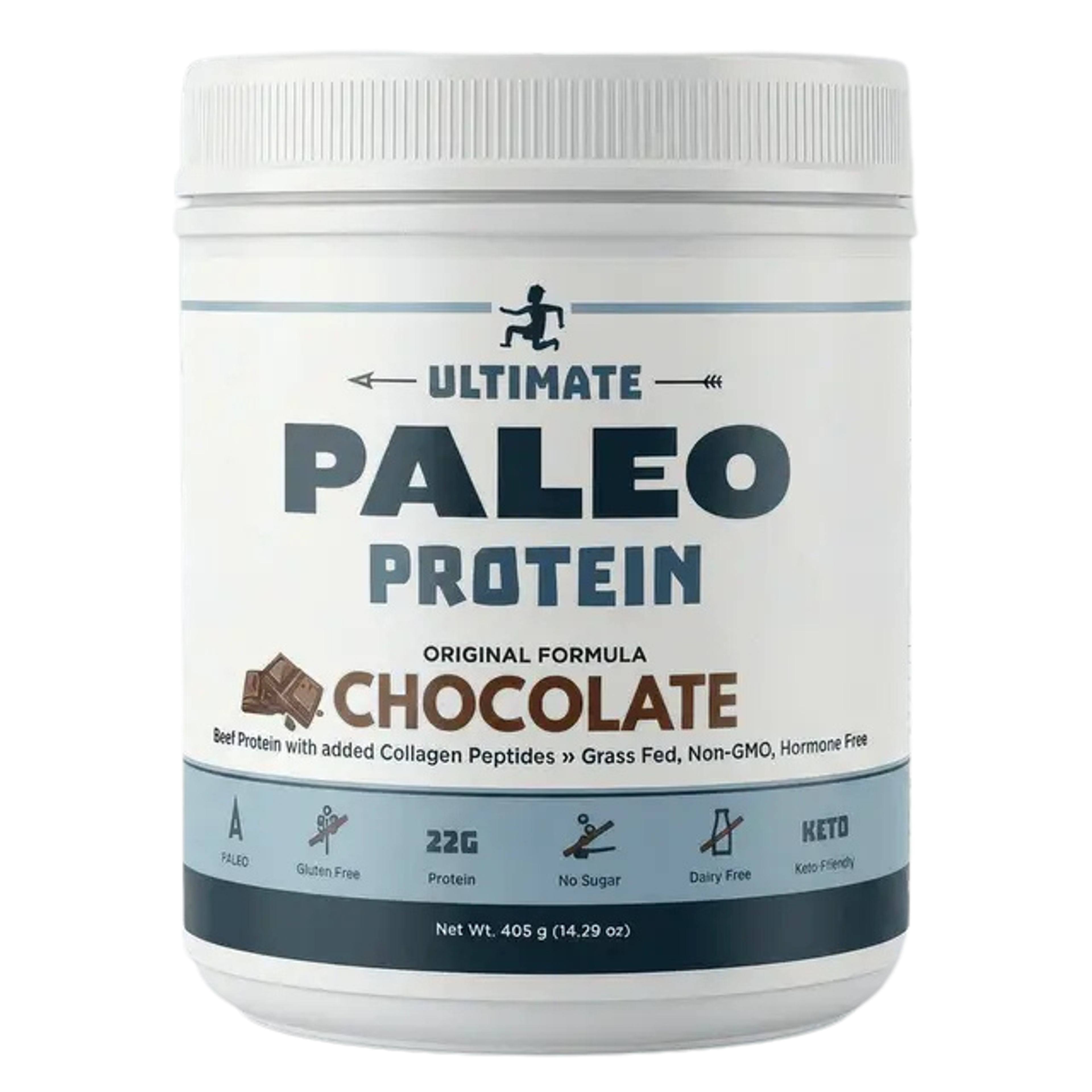 White tub of Ultimate Paleo Protein, Chocolate flavor, highlighting beef protein with collagen peptides, grass-fed, non-GMO, 22g protein, and keto/paleo friendly.