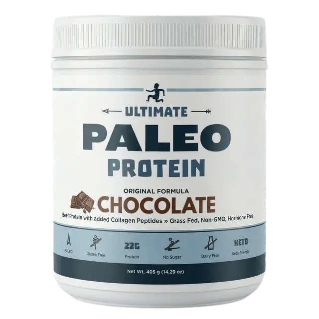 White tub of Ultimate Paleo Protein, Chocolate flavor, highlighting beef protein with collagen peptides, grass-fed, non-GMO, 22g protein, and keto/paleo friendly.