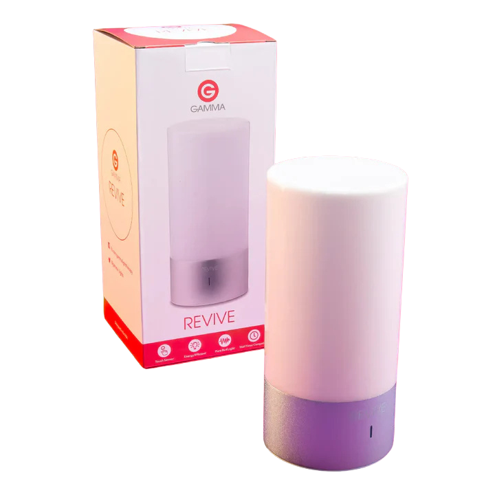 A pink and silver cylindrical smart light next to its white GAMMA REVIVE branded box.
