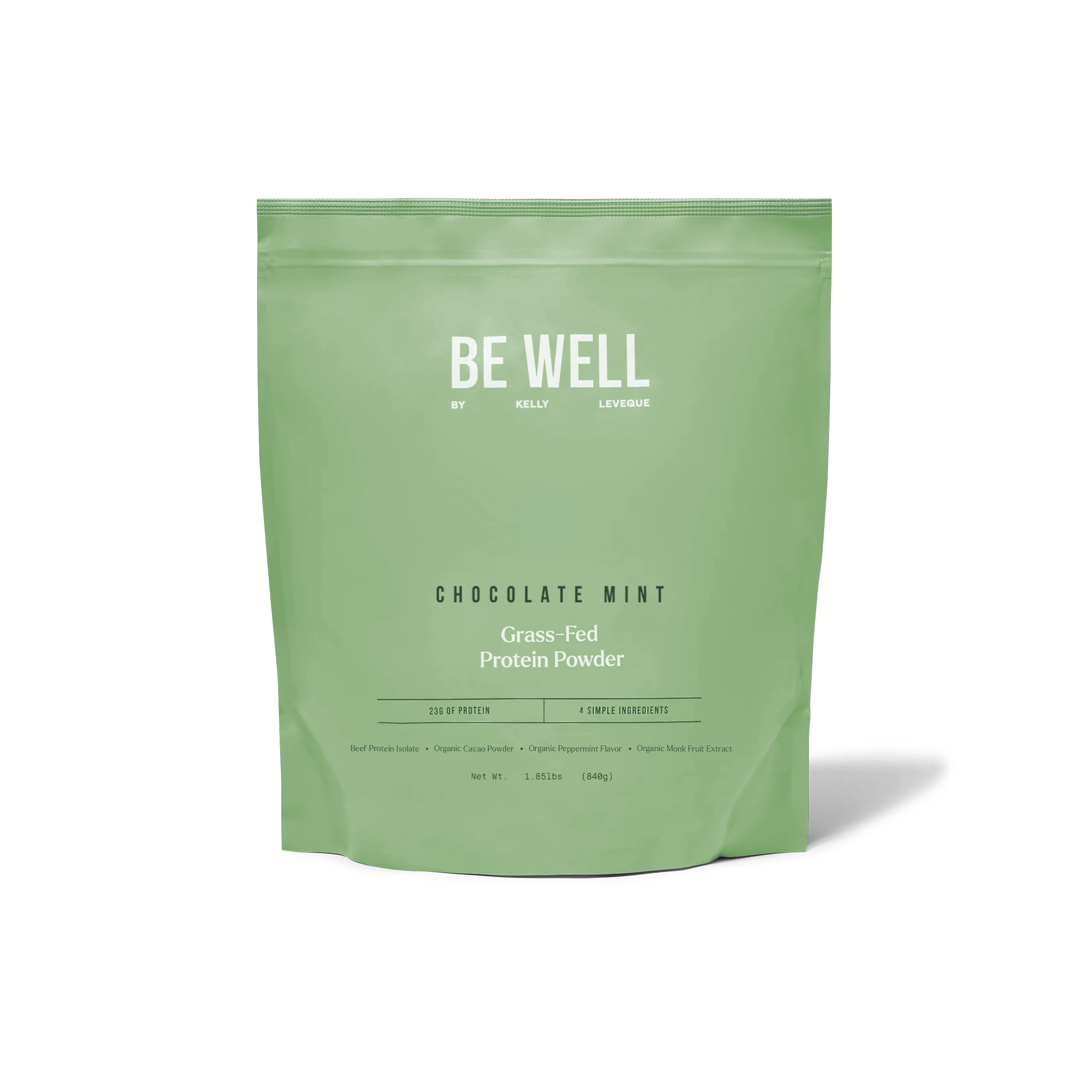 Container of Be Well chocolate mint grass-fed protein powder