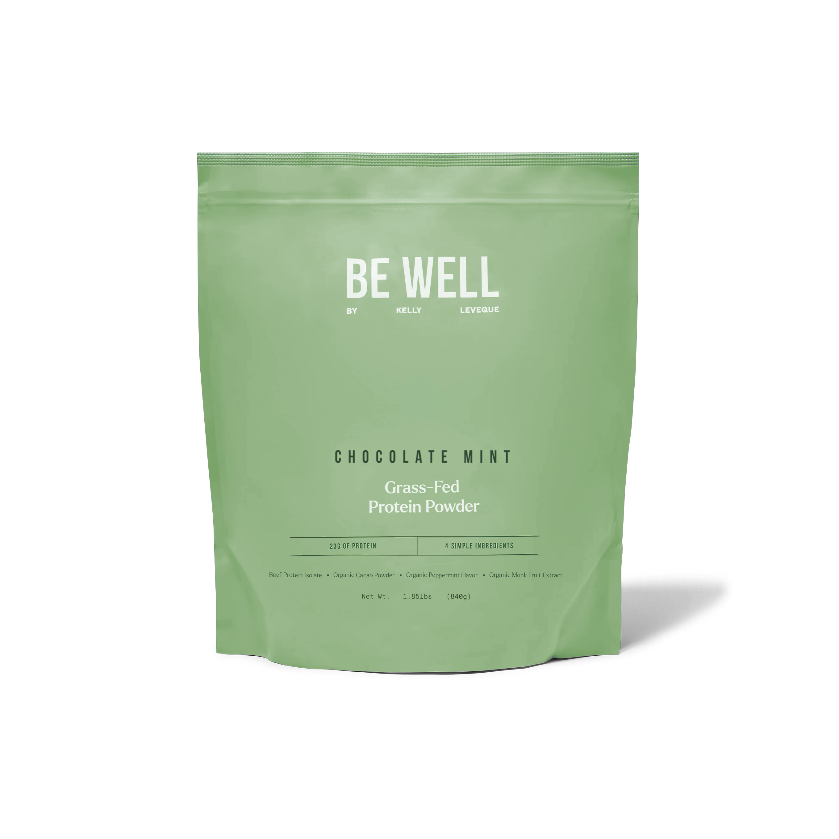 Container of Be Well chocolate mint grass-fed protein powder