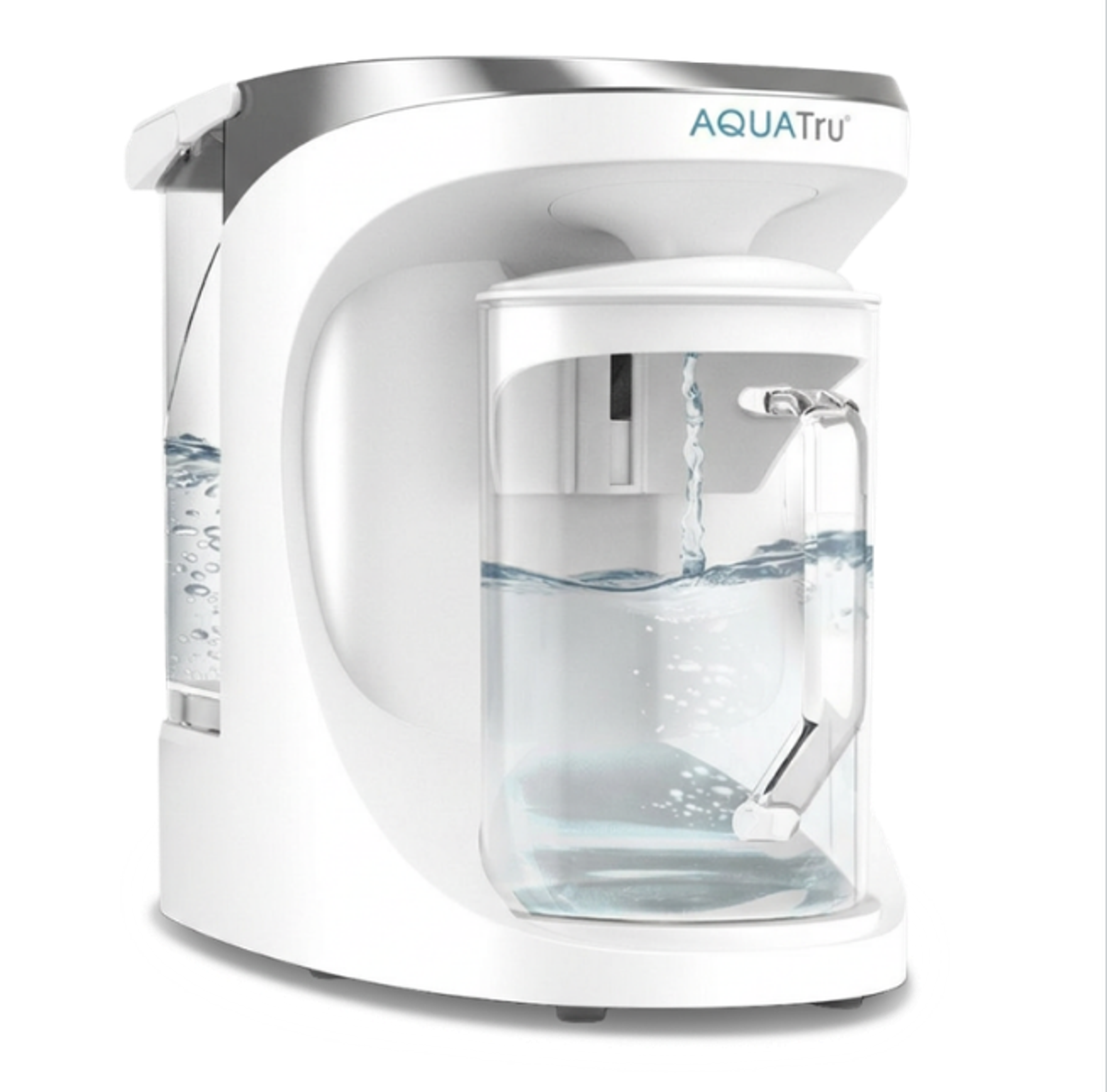 White AquaTru countertop water filter actively filling a clear pitcher with water.