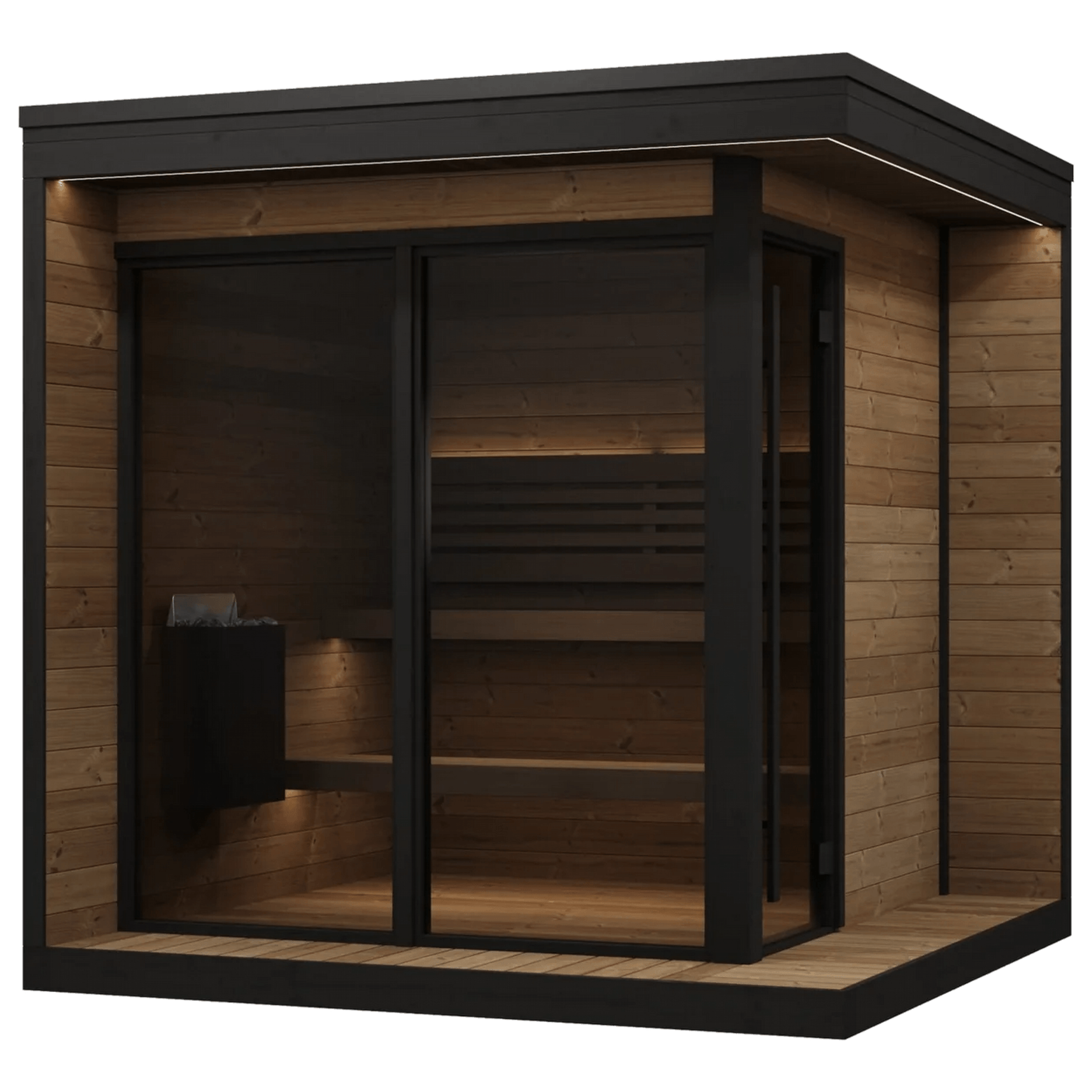Modern light wood sauna with dark trim, glass doors, internal benches, and a heater.