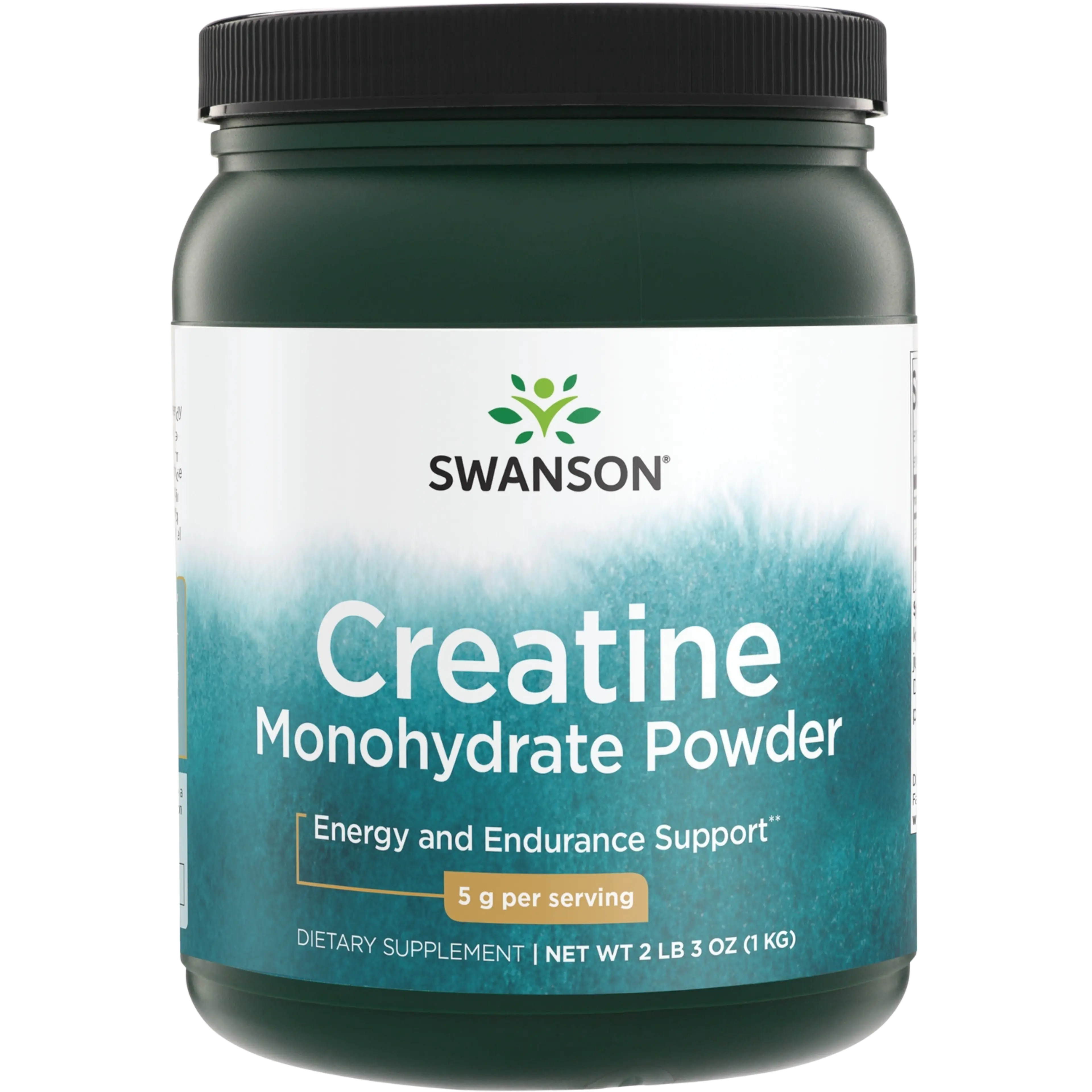 Green tub of Swanson Creatine Monohydrate Powder, a dietary supplement for energy and endurance support.