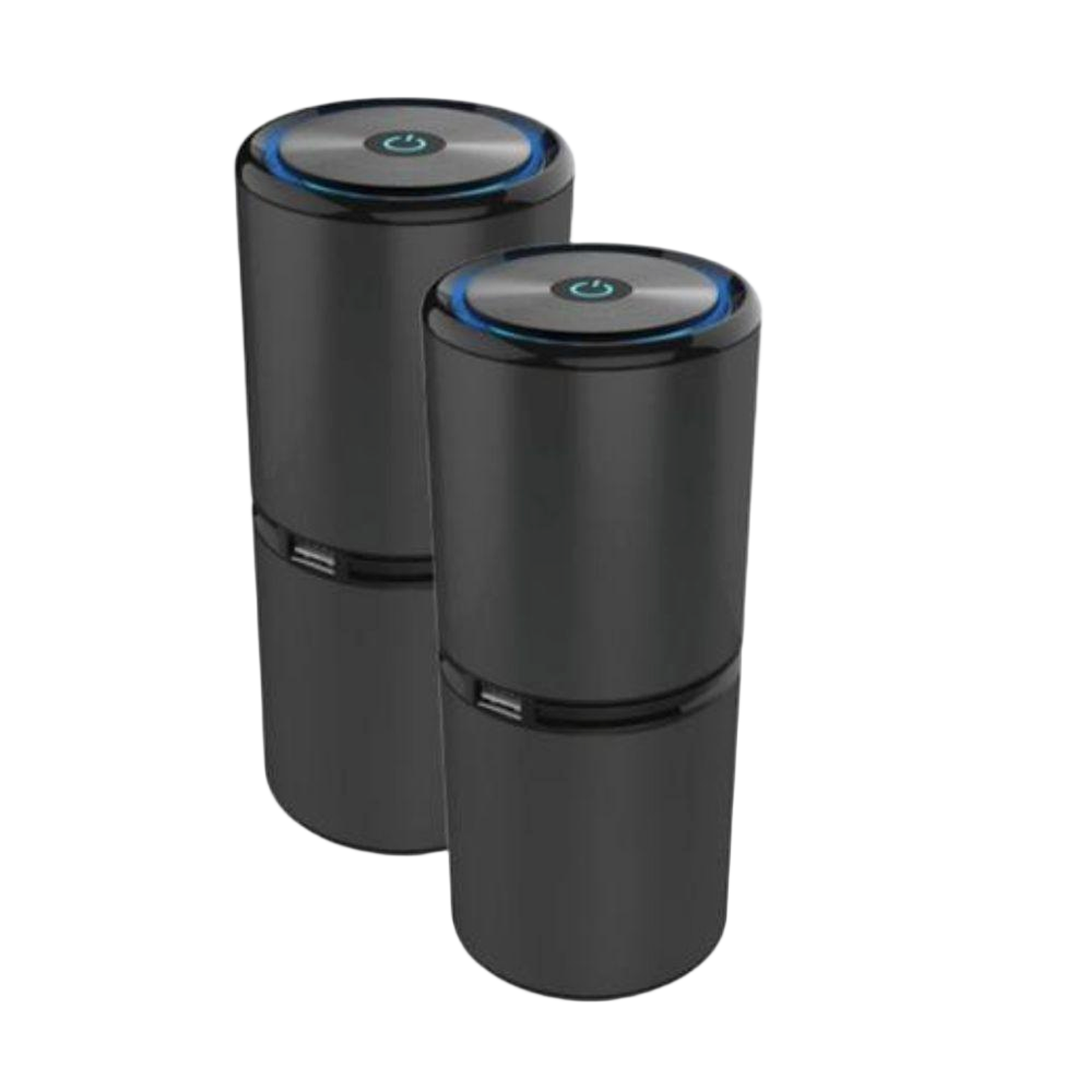 Two compact ionic air purifiers shown side by side