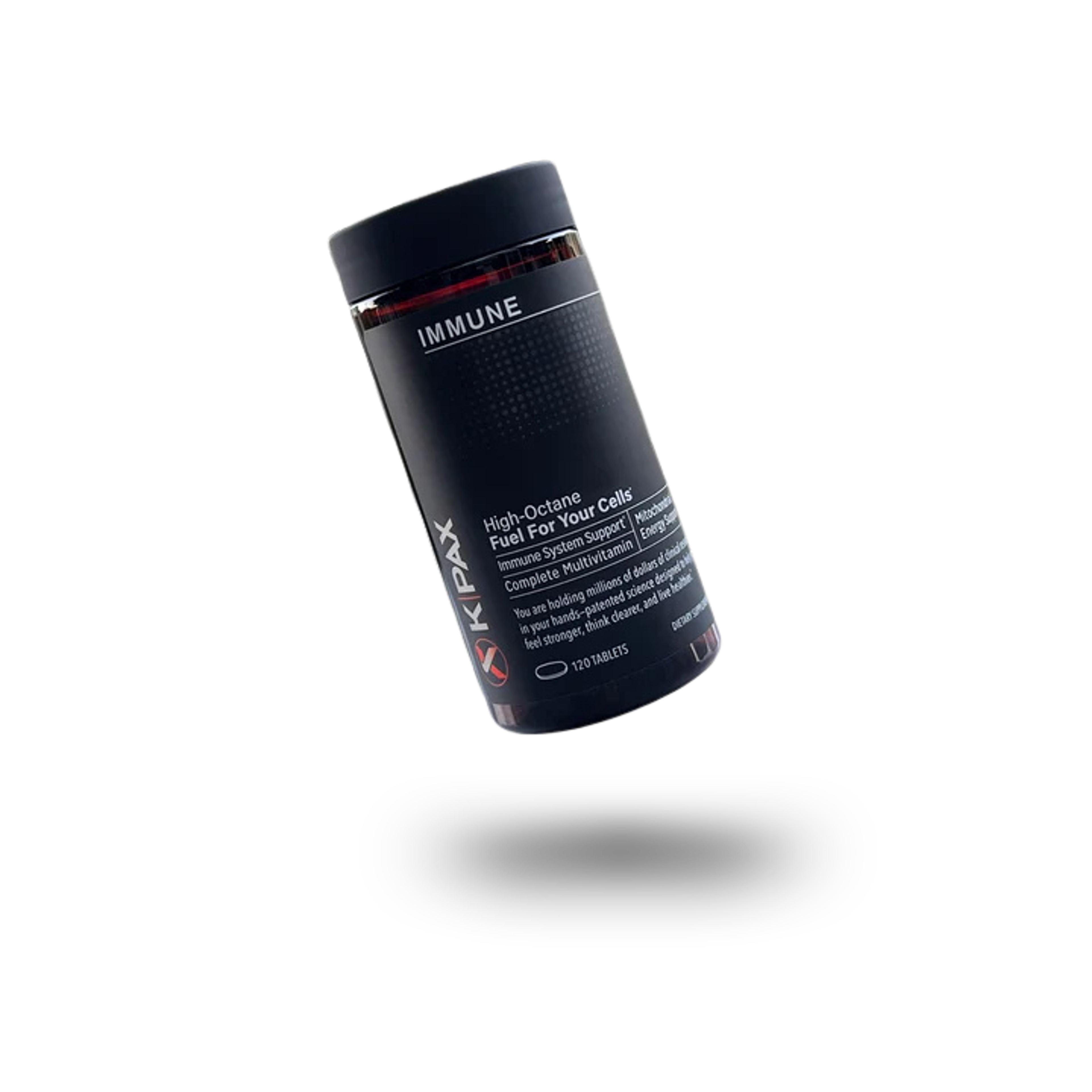 Dark KPAX IMMUNE multivitamin bottle floating.