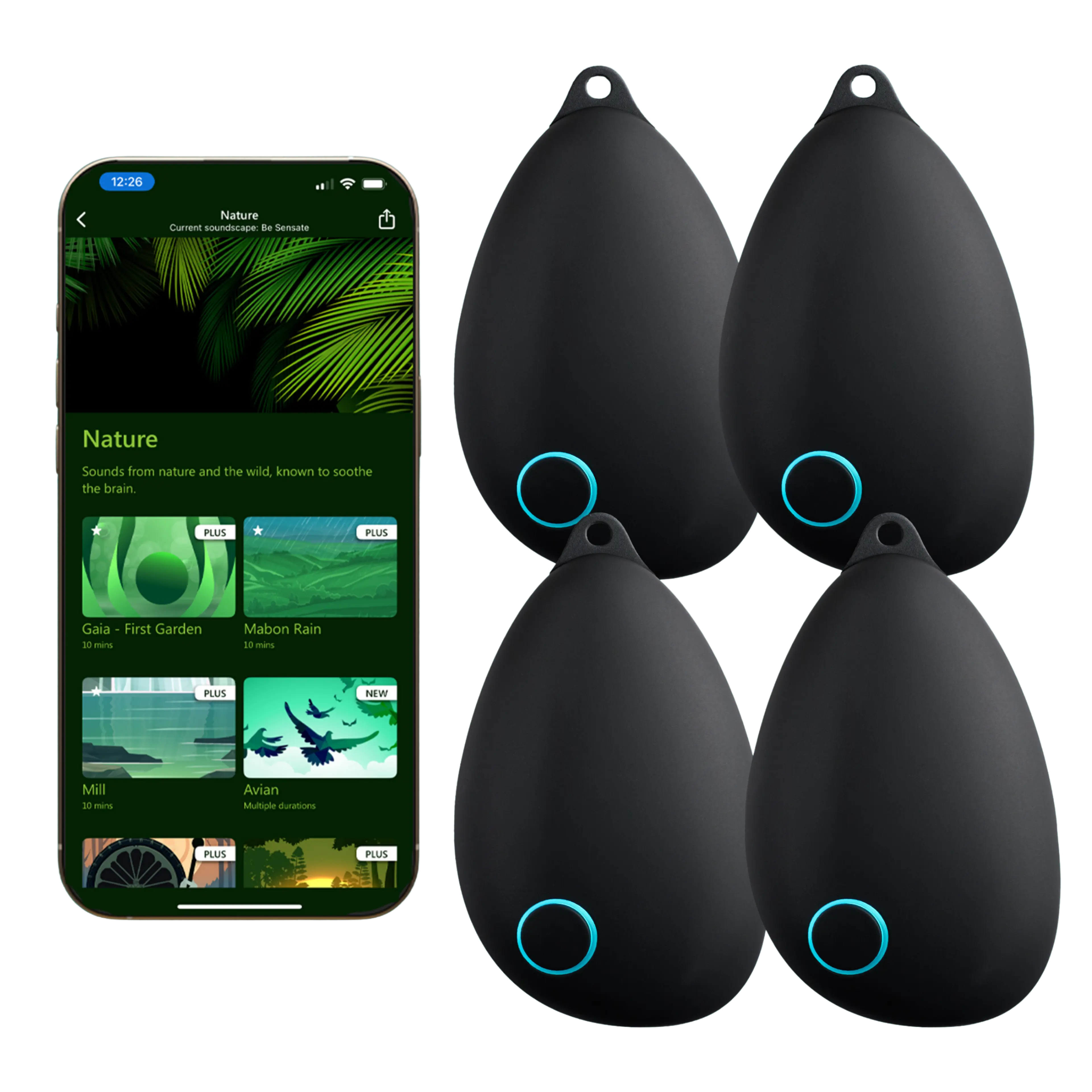 An iPhone displaying a nature soundscape app and four black, teardrop-shaped devices with glowing blue rings.