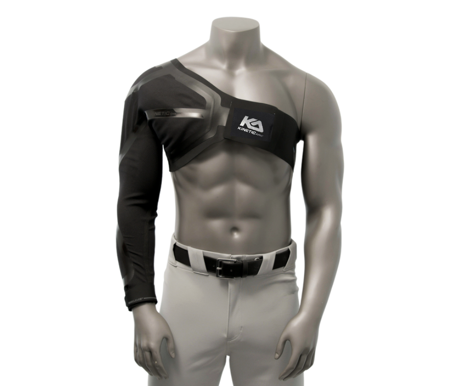 A mannequin wearing a black KINETIC compression arm and shoulder sleeve.