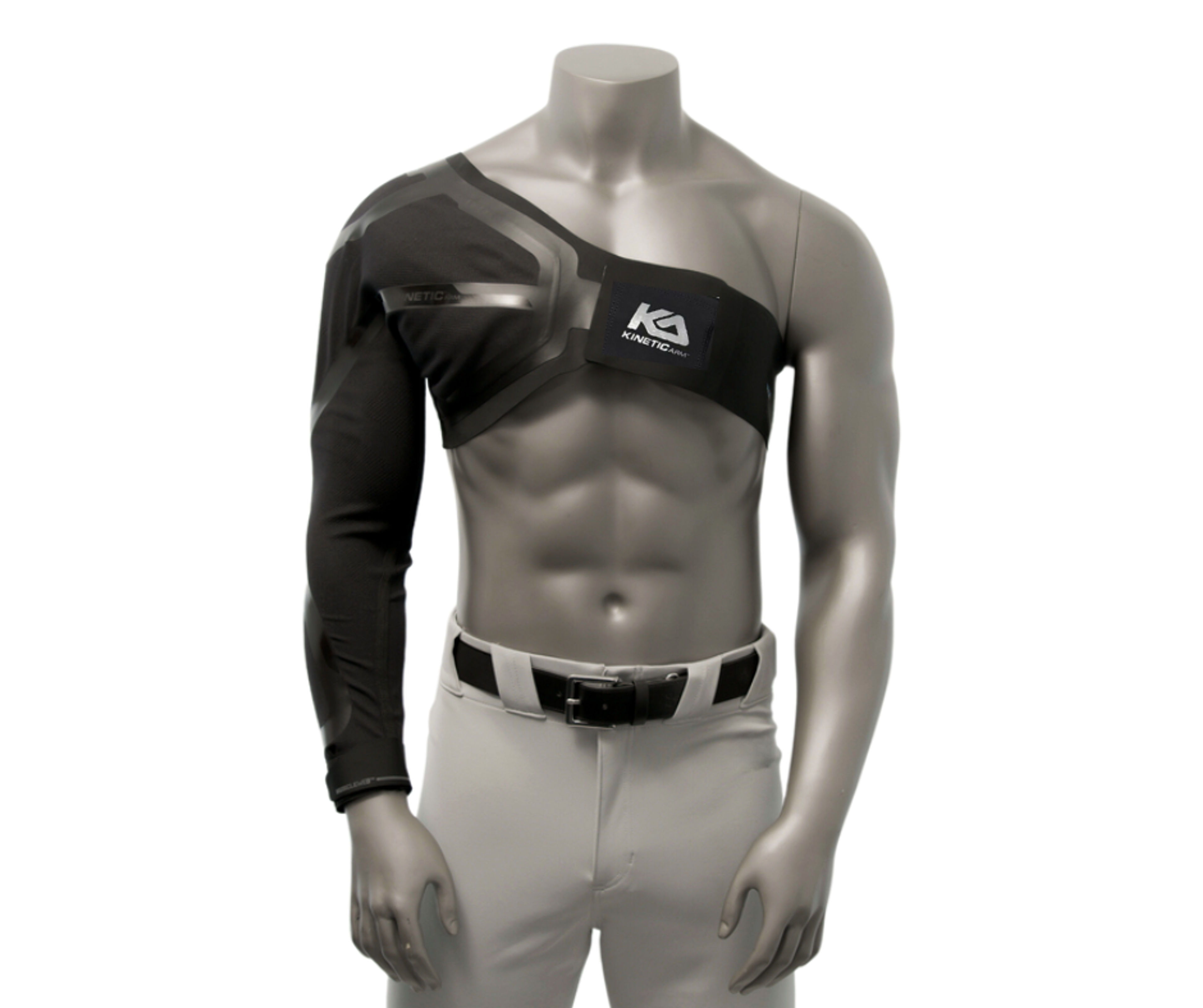 A mannequin wearing a black KINETIC compression arm and shoulder sleeve.