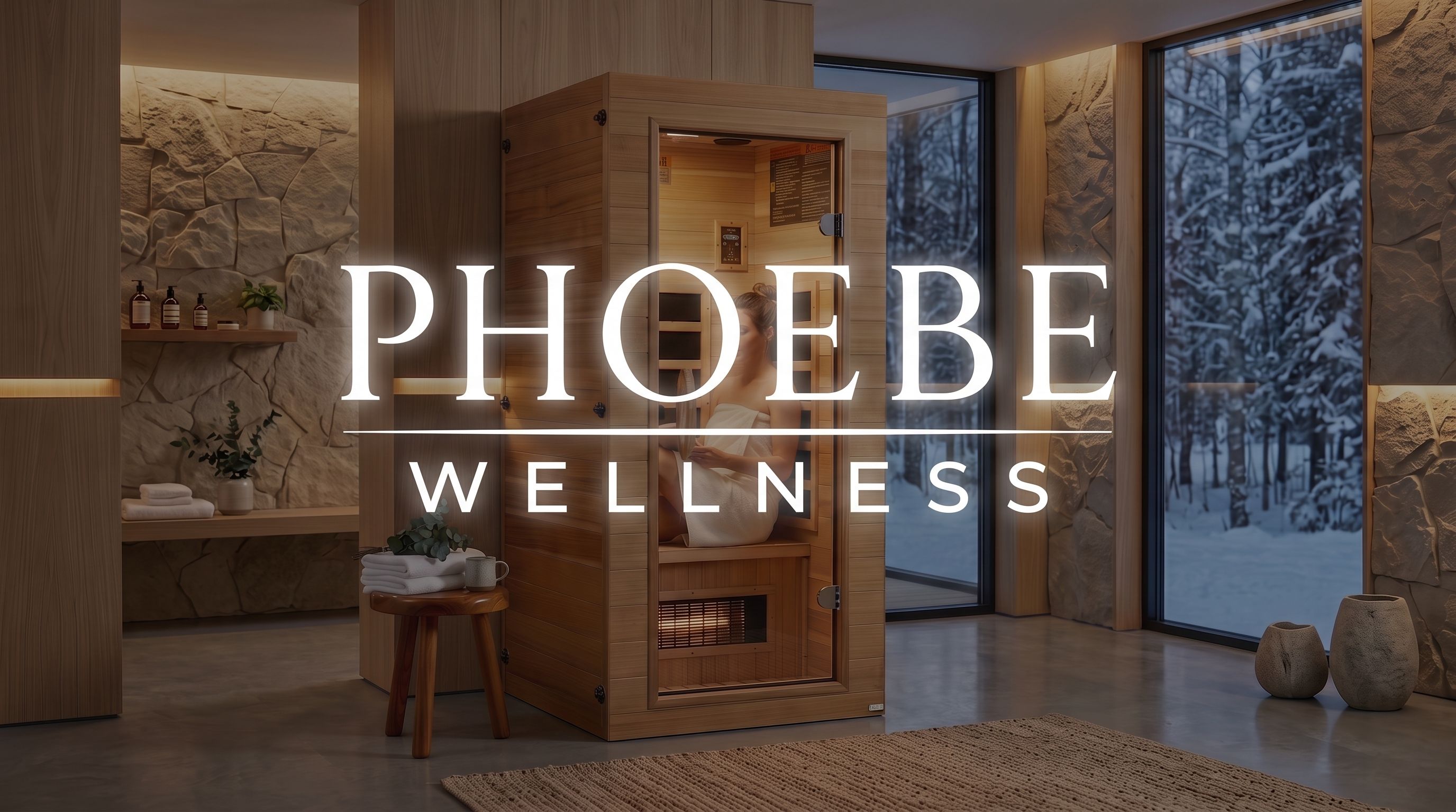 PHOEBE WELLNESS logo over a modern room with a wooden sauna, person inside, and large windows showing a snowy forest.