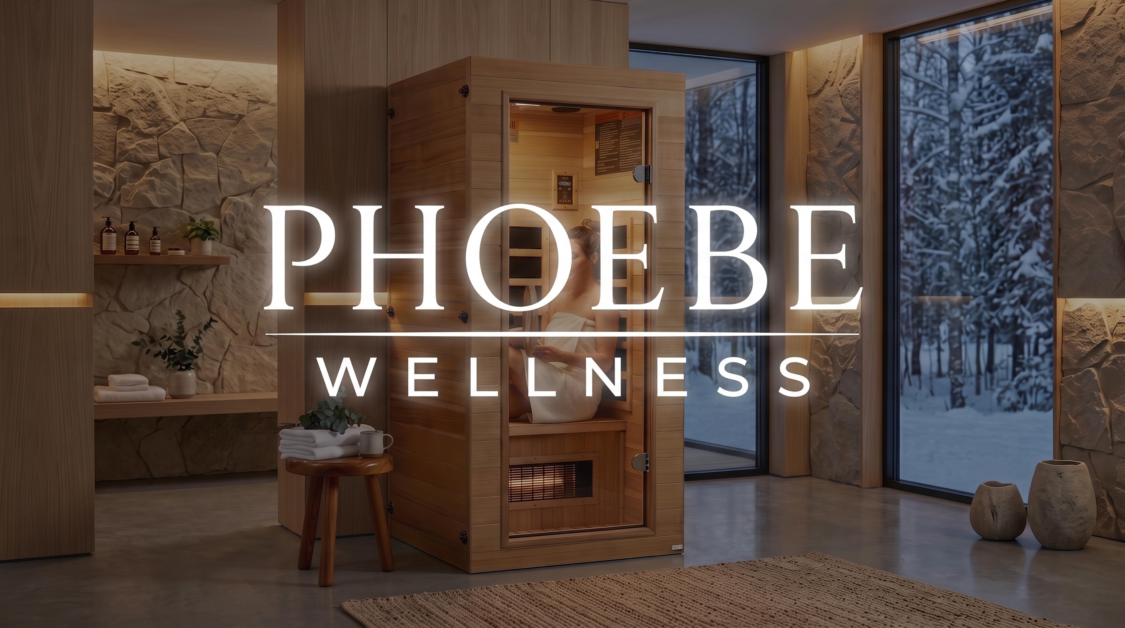 PHOEBE WELLNESS logo over a modern room with a wooden sauna, person inside, and large windows showing a snowy forest.