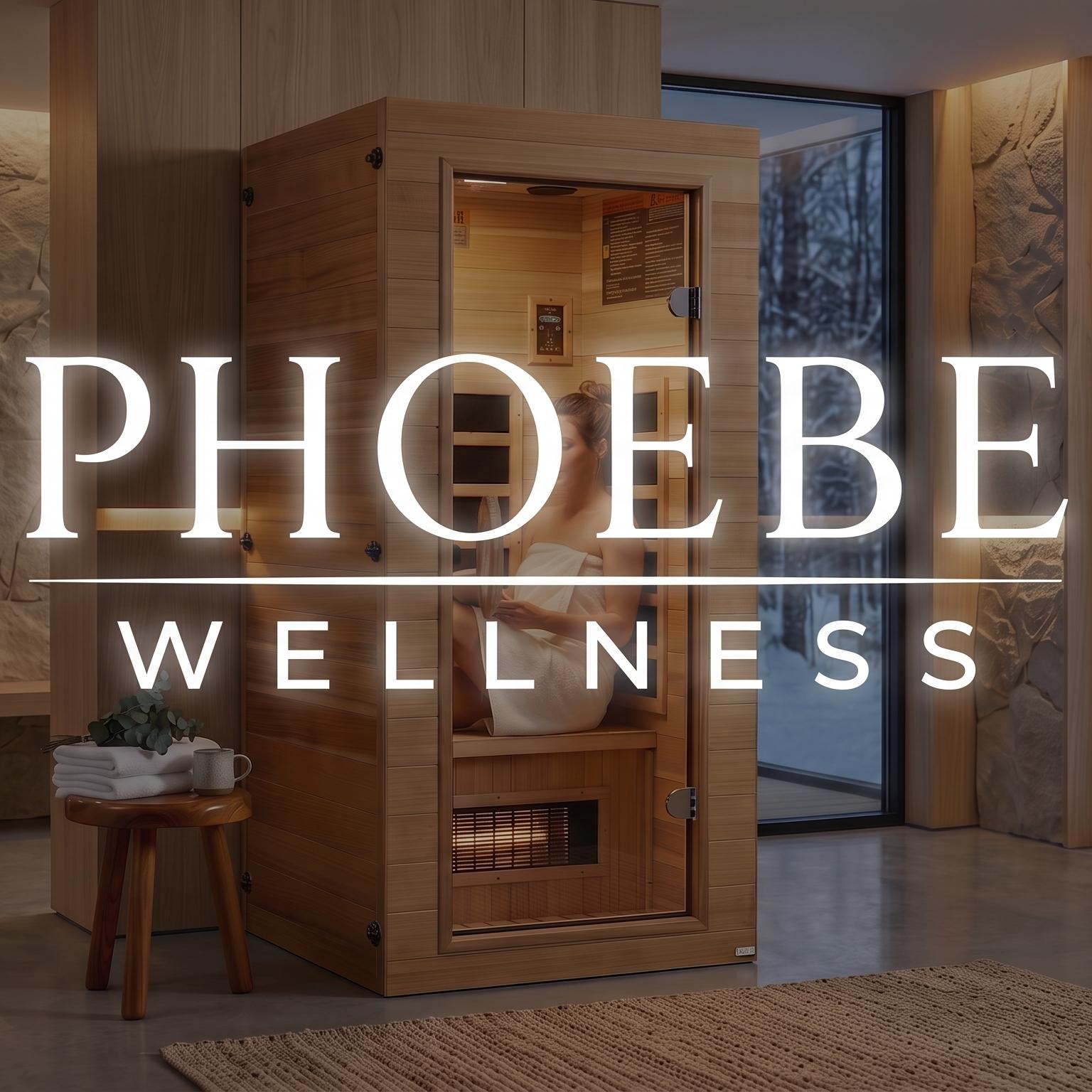 PHOEBE WELLNESS logo over a modern room with a wooden sauna, person inside, and large windows showing a snowy forest.