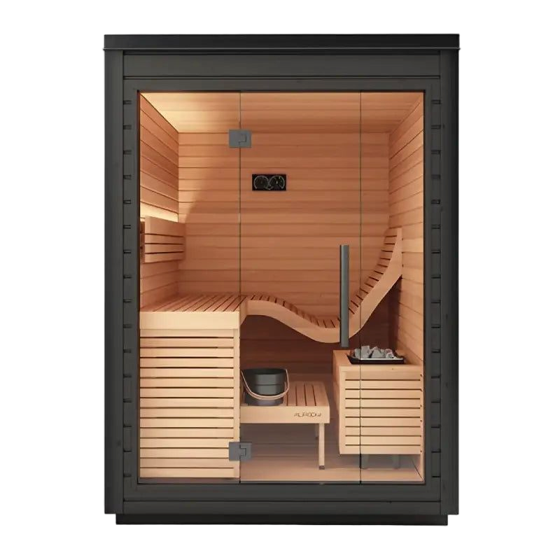 Interior bench seating inside Aura sauna