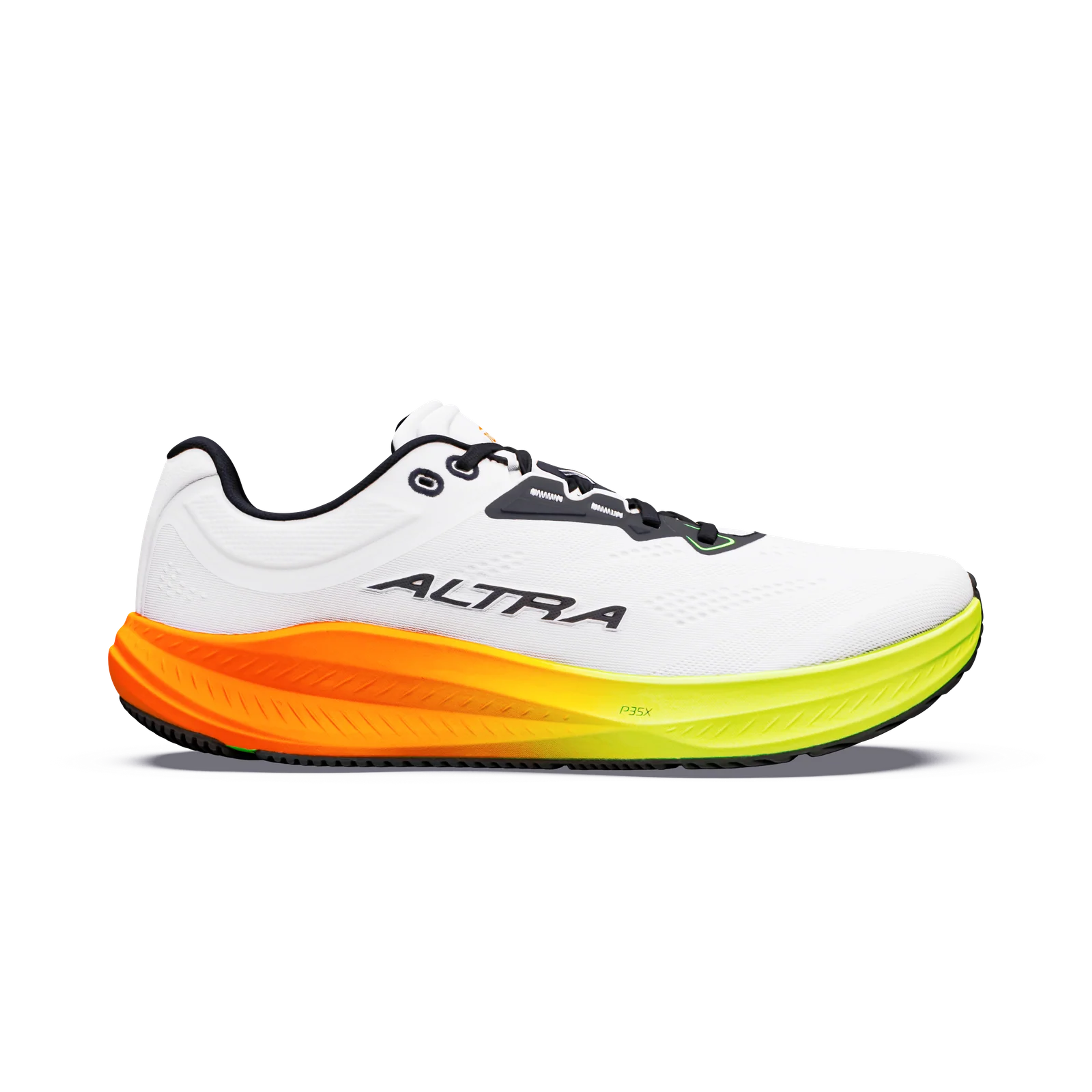 White Altra running shoe with a vibrant orange and neon yellow gradient sole.