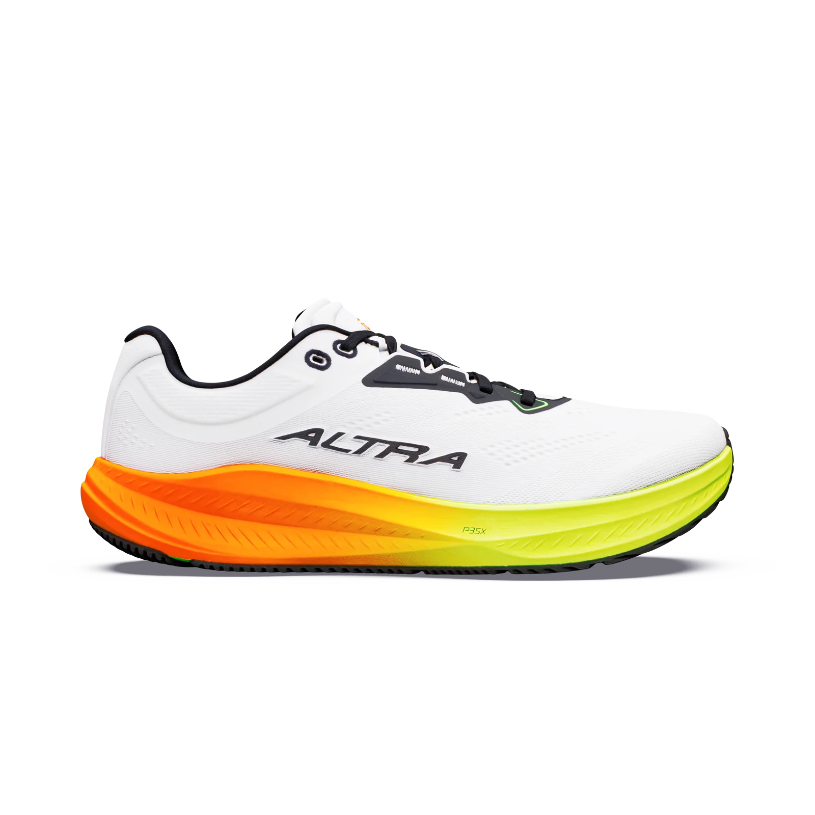 White Altra running shoe with a vibrant orange and neon yellow gradient sole.