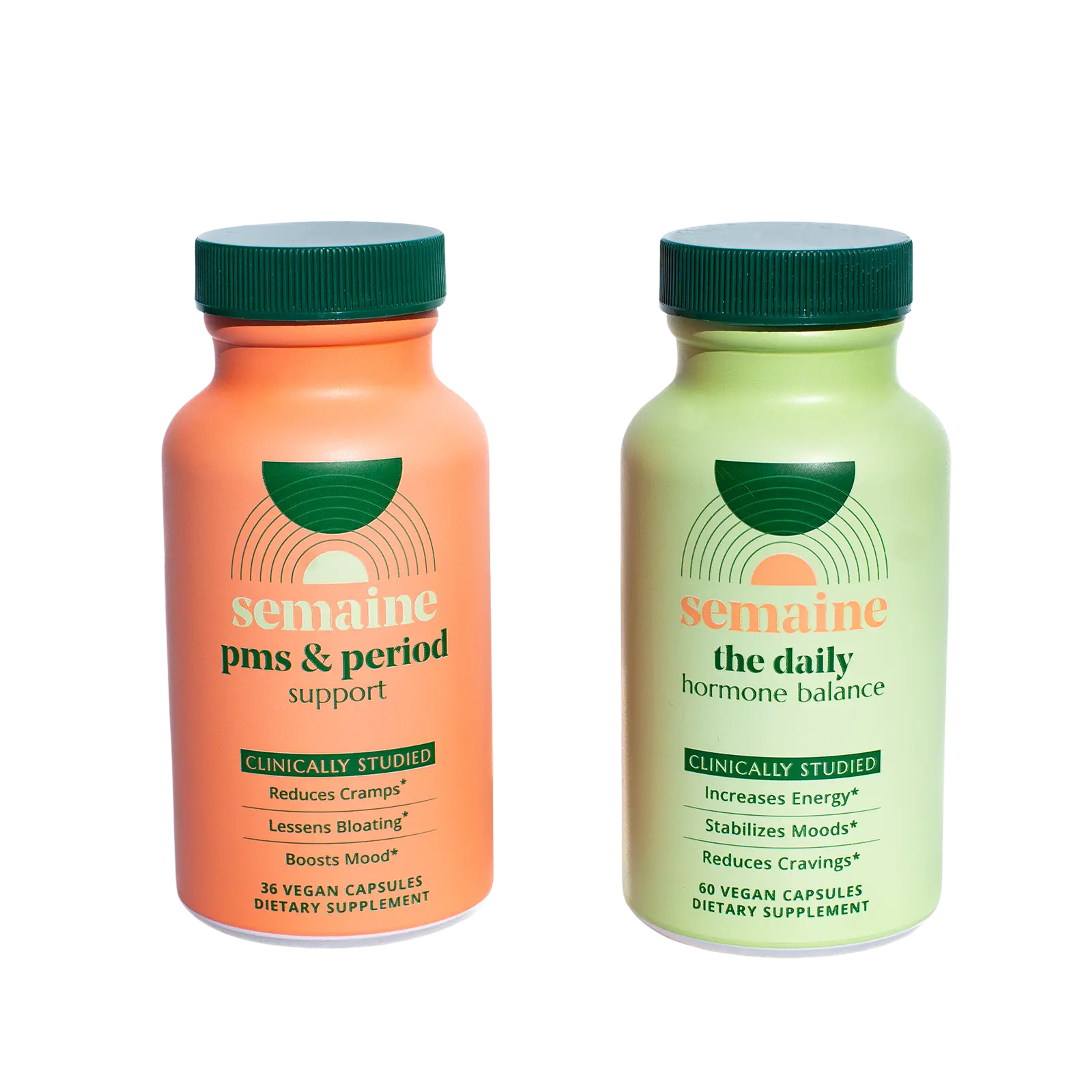 Two Semaine supplement bottles: an orange PMS & Period Support bottle and a green Daily Hormone Balance bottle.