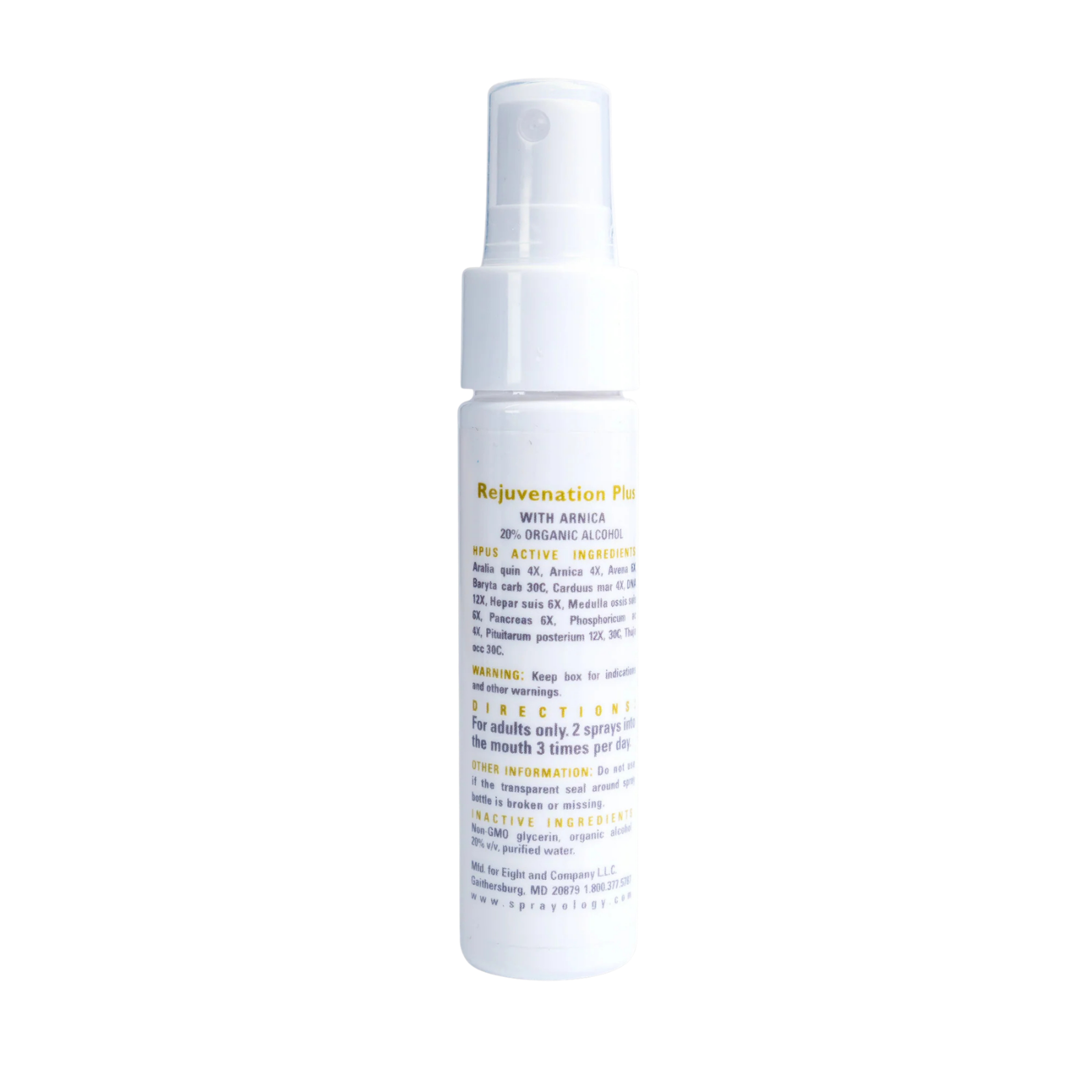 A white spray bottle labeled "Rejuvenation Plus WITH ARNICA".