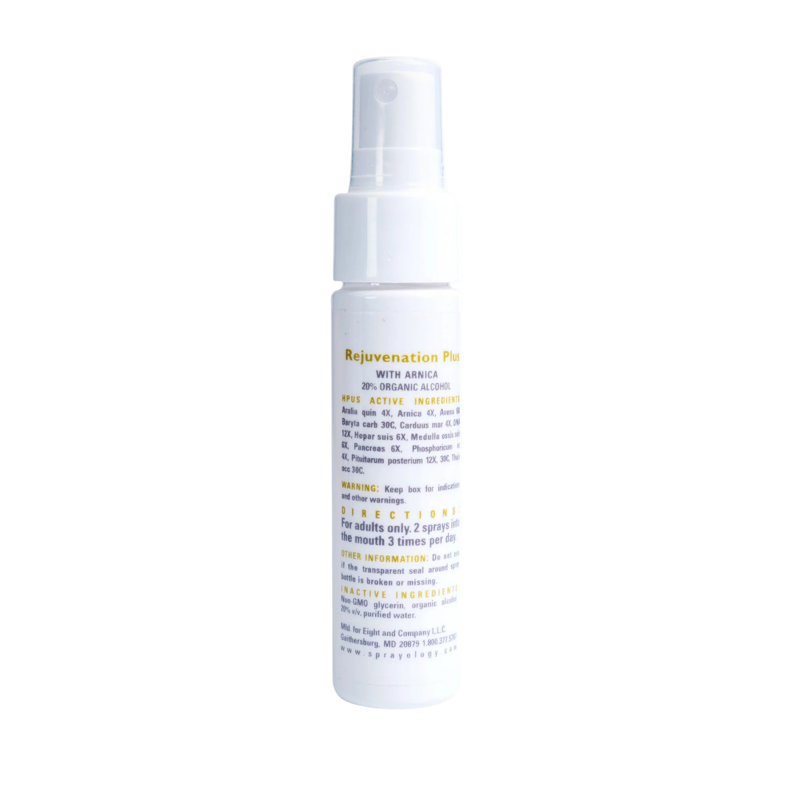 A white spray bottle labeled "Rejuvenation Plus WITH ARNICA".