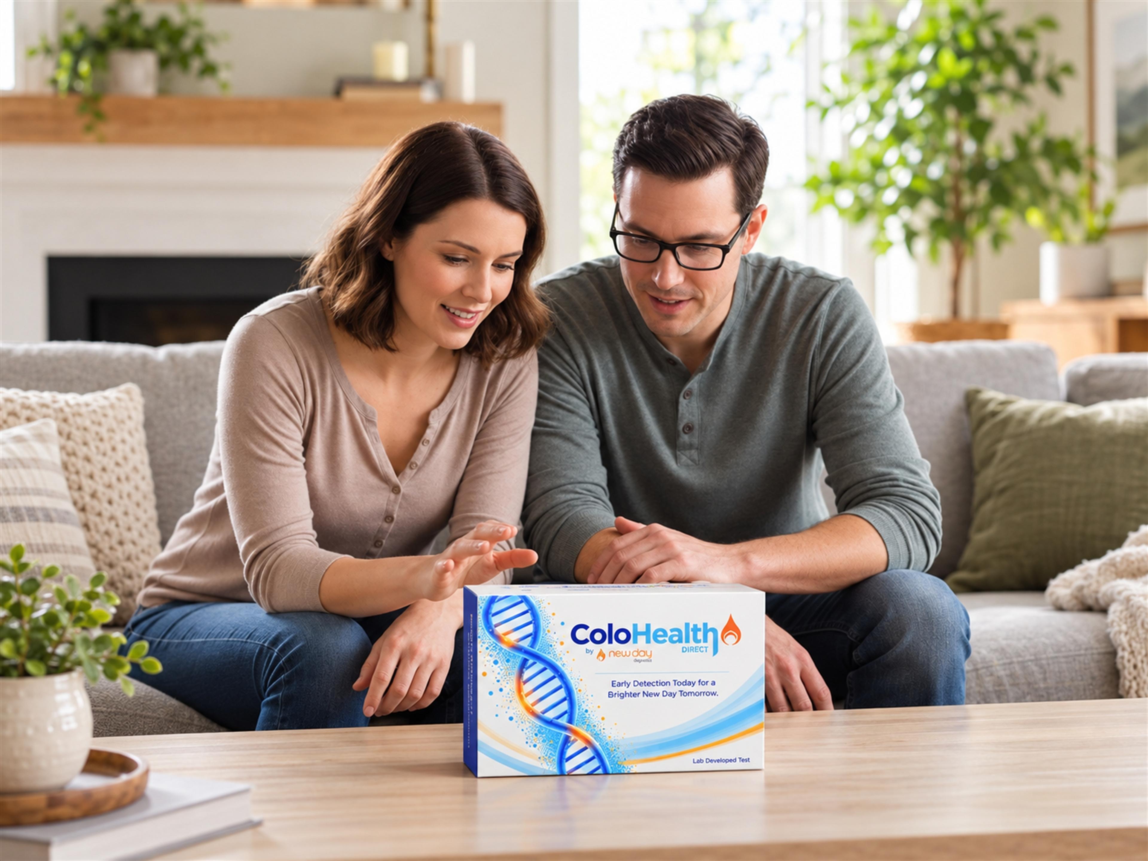 A couple on a sofa looks at a "ColoHealth Direct" product box on a coffee table.