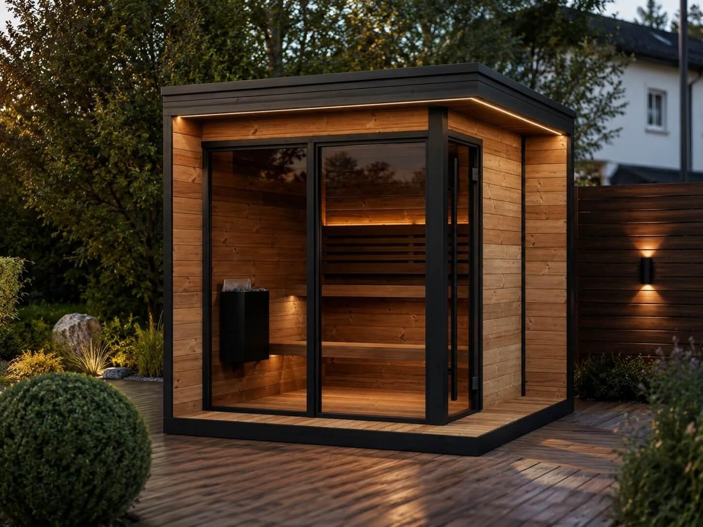Modern outdoor sauna with glass doors and wooden interior, illuminated at night on a deck in a garden.