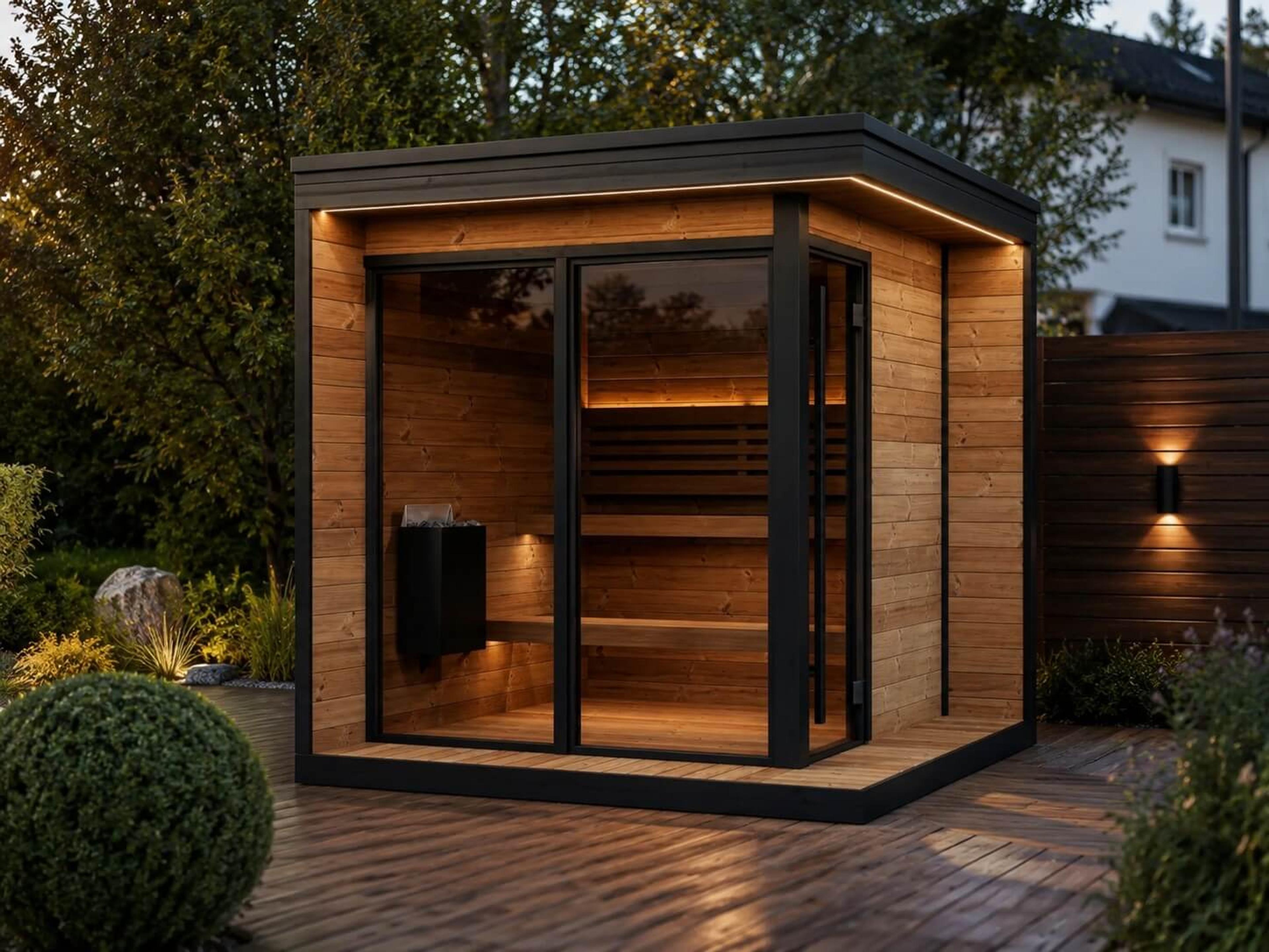 Modern outdoor sauna with glass doors and wooden interior, illuminated at night on a deck in a garden.