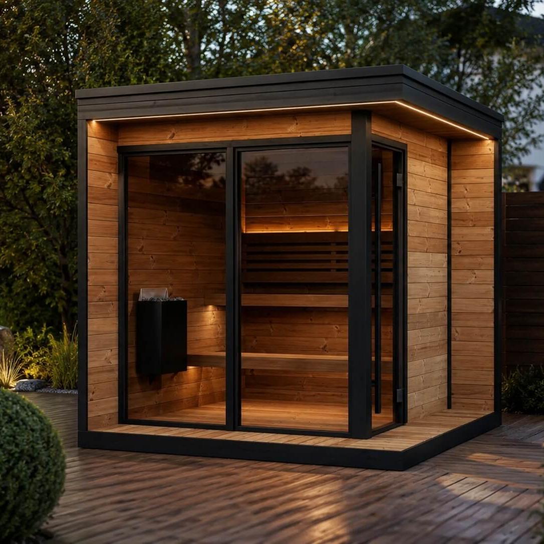 Modern outdoor sauna with glass doors and wooden interior, illuminated at night on a deck in a garden.