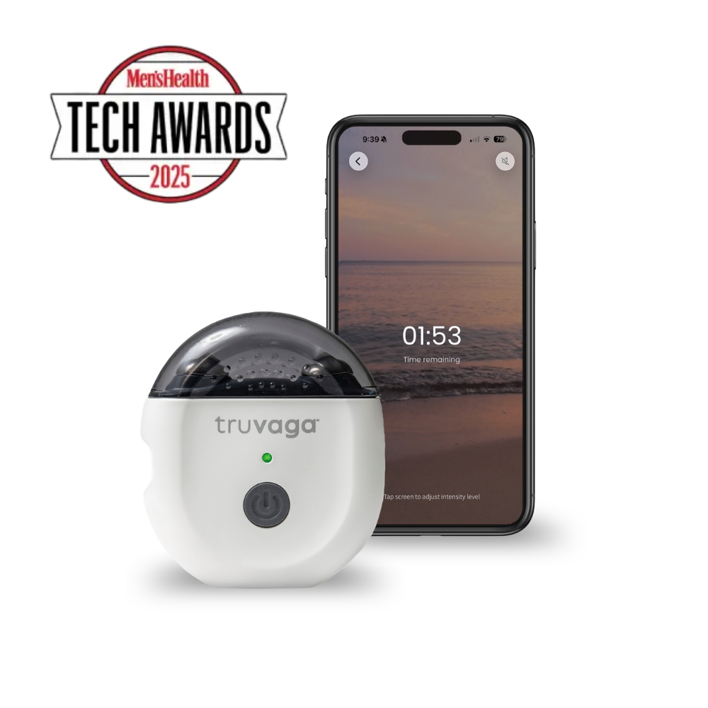A white Truvaga device with a clear top and power button, next to a smartphone displaying a beach sunset and a 1:53 timer.