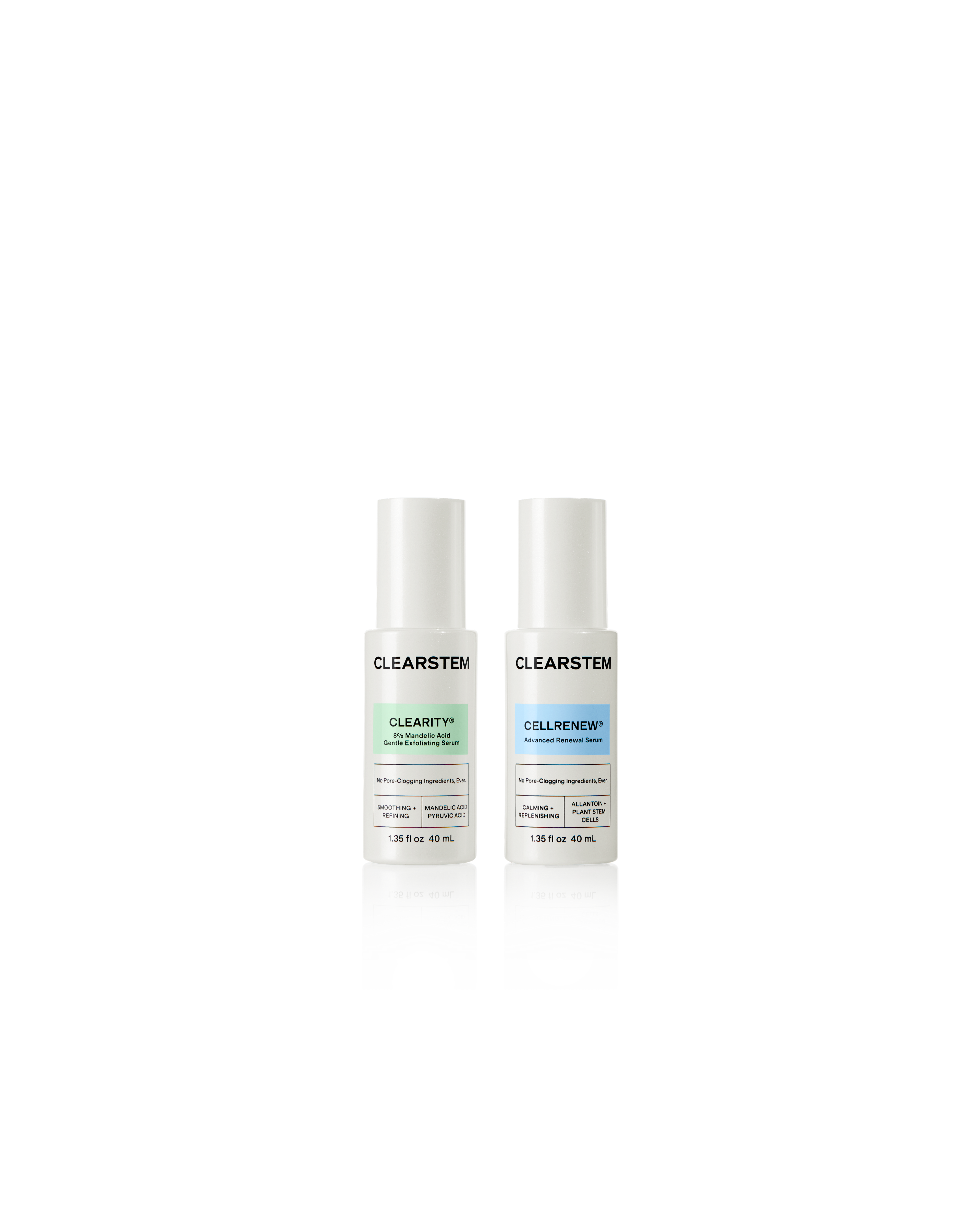Two Clearstem serum bottles on a white background: Clearity Pore Clarifying Serum with a green label and Cellrenew Advanced Renewal Serum with a blue label.