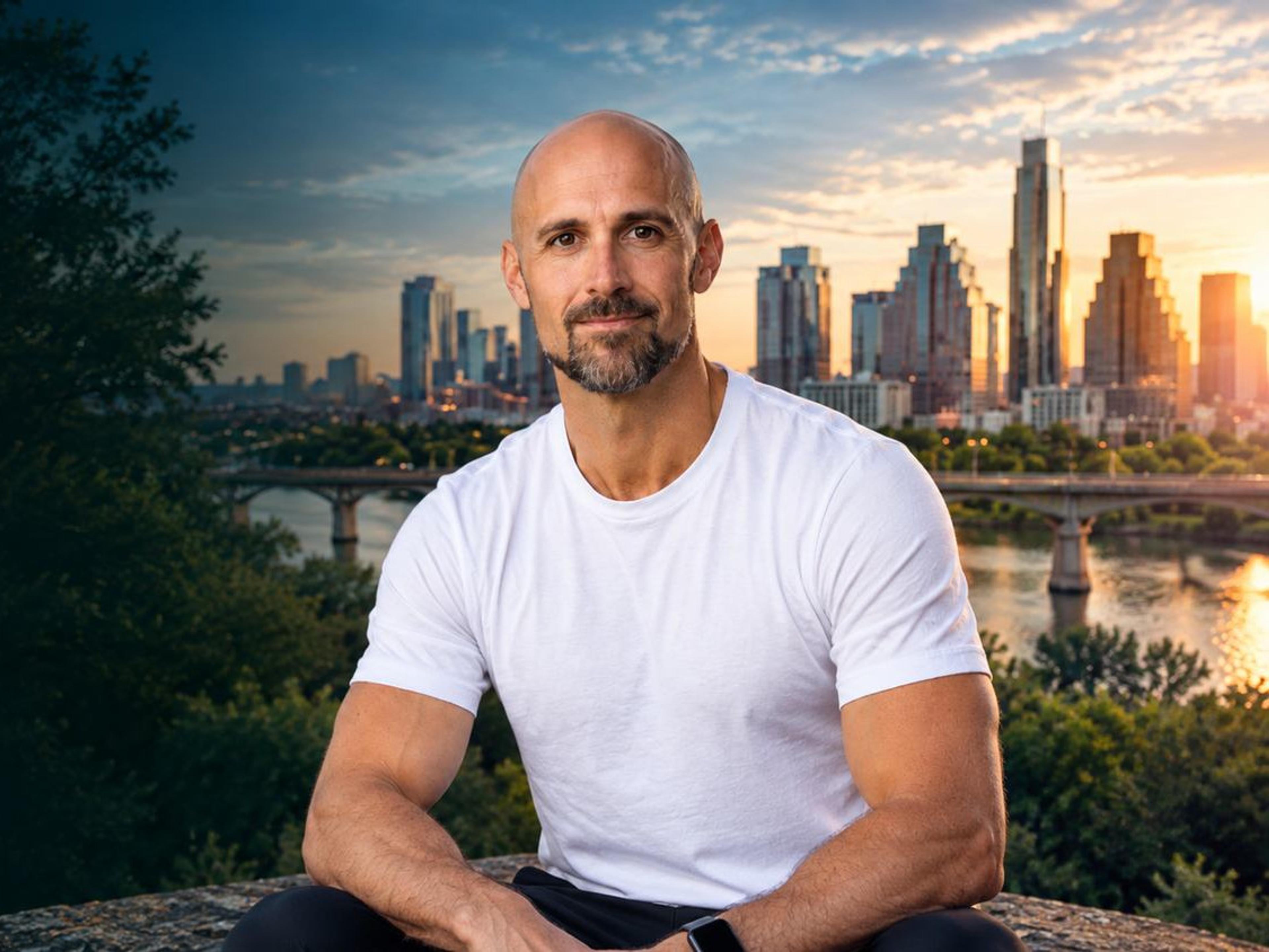 A bald man with a beard in a white t-shirt sits smiling, with a city skyline and river at sunset behind him.